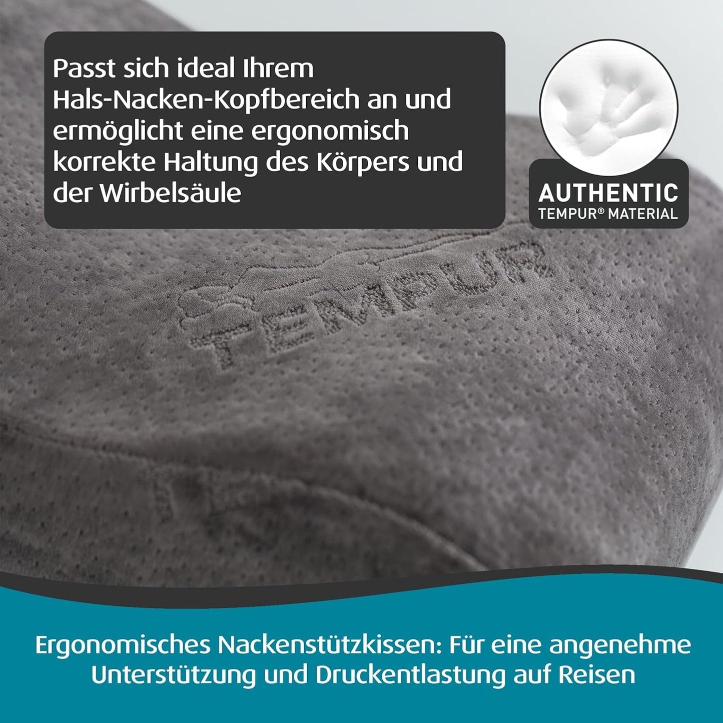 TEMPUR Cuscino da Viaggio in Memory Foam, Cuscino per Collo ergonomico, Borsa per Il Trasporto Inclusa, Antracite, Dimensioni 25 x 31 x 10/7 cm
