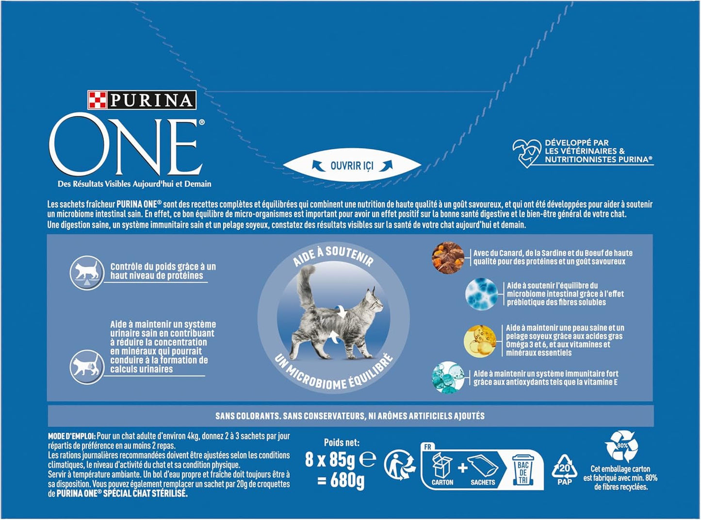 PURINA UNO | BIFENSI | Alimento per gatti adulti sterilizzati | Supporta la vitalità, le ossa, i muscoli e le articolazioni del gatto | In salsa | Buste con anatra, sarde, manzo, freschezza | 1 pezzo (8 x 85 g)