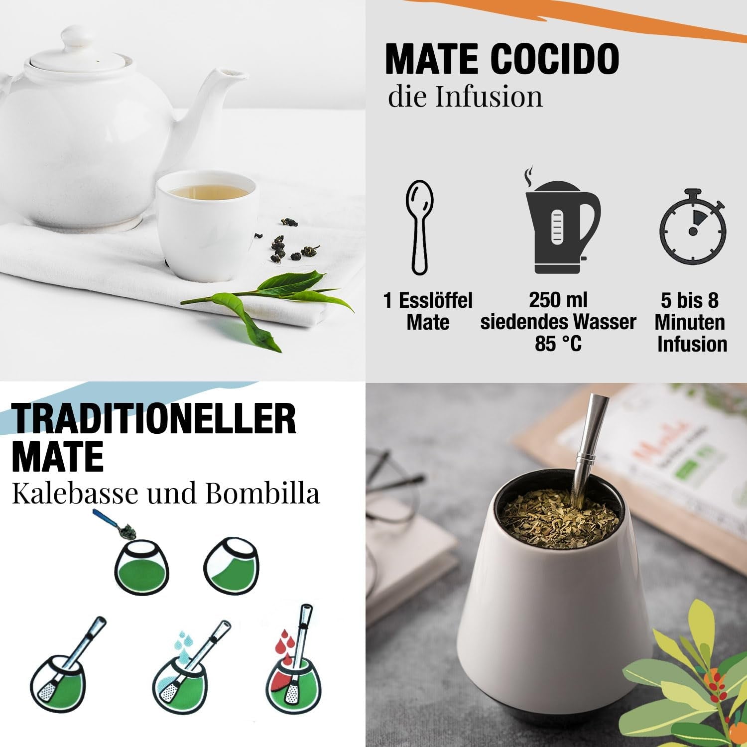 ORIGEENS BIO YERBA MATE alle arance 200 G - Tè fruttato I Tè Yerba Mate biologico non tostato, senza gambi e polvere I Bevanda energizzante e disintossicante