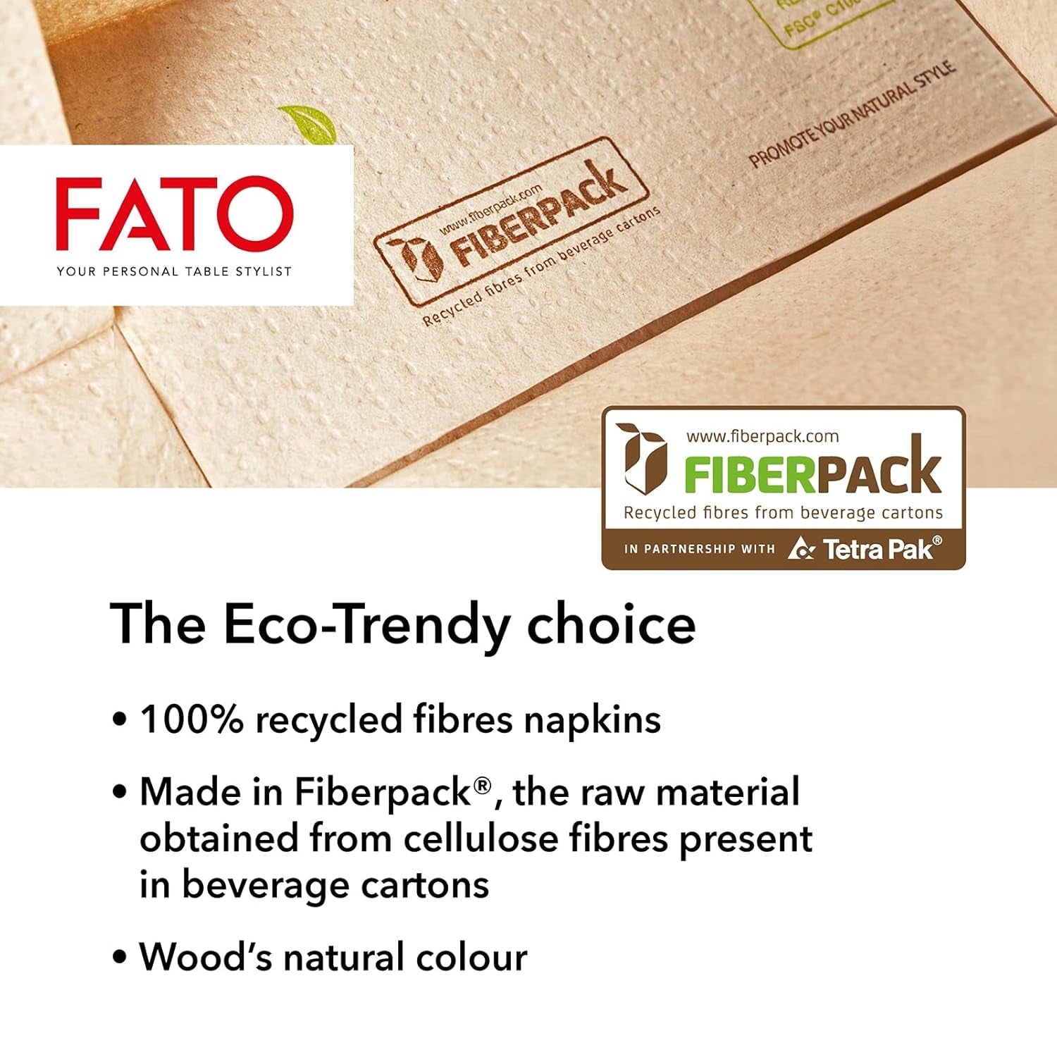Fato - Tovaglioli di carta usa e getta 4 pieghe naturali, ecologici, confezione da 40, formato 38X38, 2 veli, carta riciclata al 100%