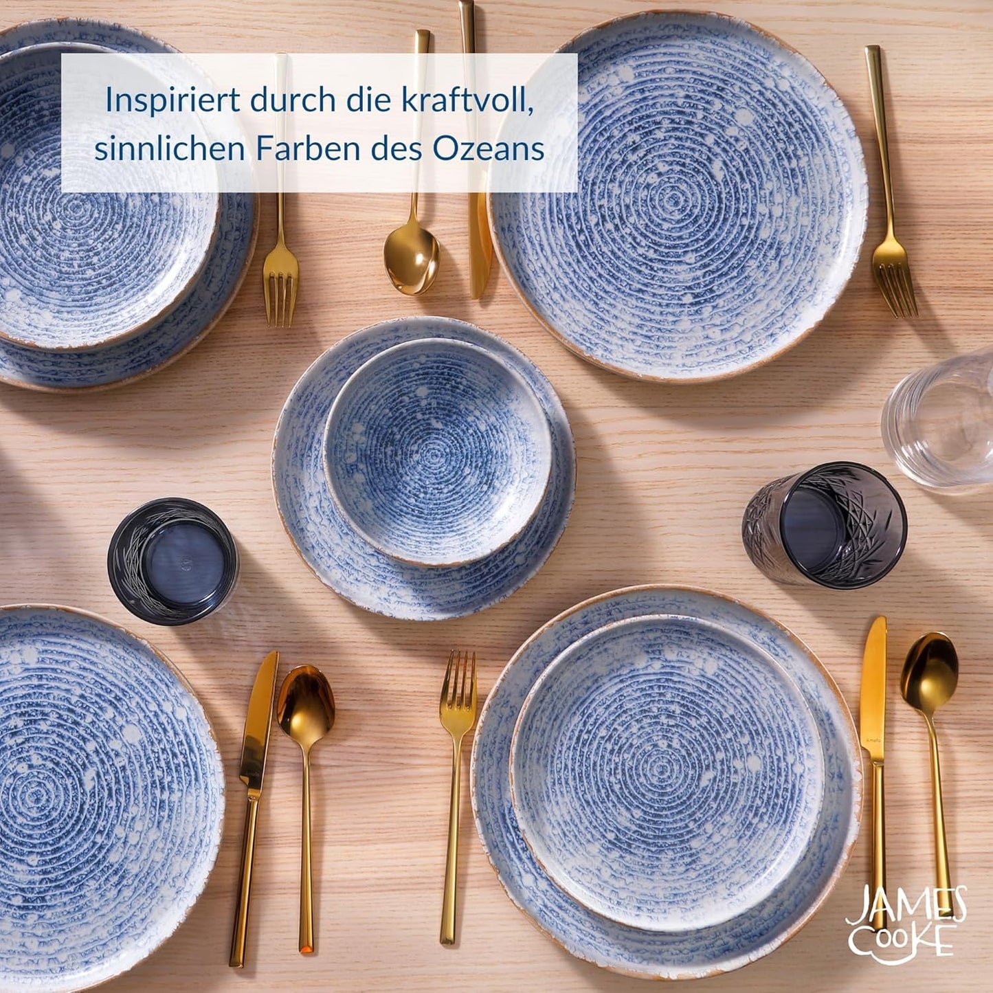 Set di stoviglie in gres vintage Azure per 6 - 24 pezzi - Strisce bianche e blu, superficie goffrata - Lavabile in lavastoviglie, forno e microonde