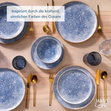 Set di stoviglie in gres vintage Azure per 6 - 24 pezzi - Strisce bianche e blu, superficie goffrata - Lavabile in lavastoviglie, forno e microonde