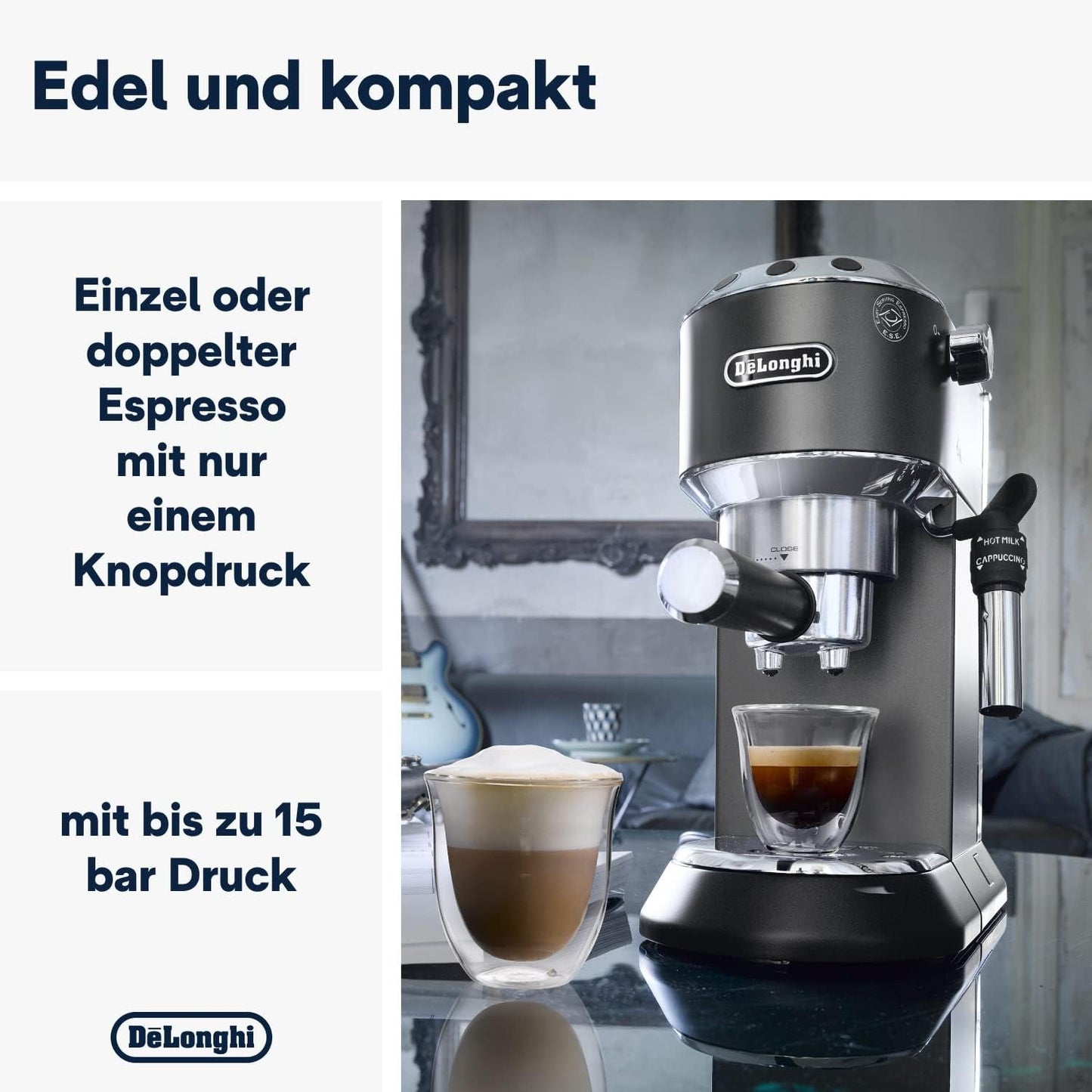 De'Longhi Dedica Style EC 685.B – Macchina per caffè espresso con portafiltro, macchina per caffè espresso con montalatte professionale, larga solo 15 cm, per caffè macinato o capsule ESE, serbatoio acqua 1 l, nera