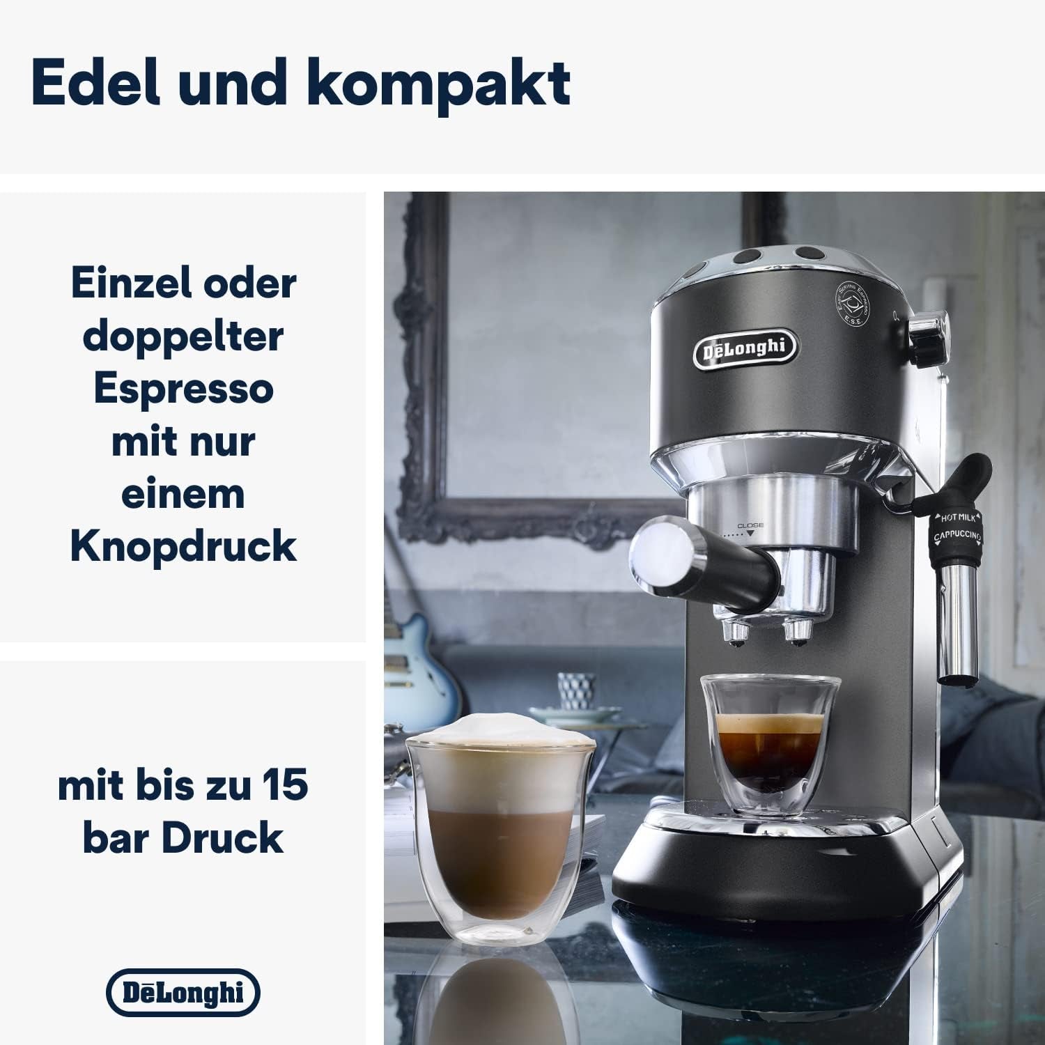 De'Longhi Dedica Style EC 685.B – Macchina per caffè espresso con portafiltro, macchina per caffè espresso con montalatte professionale, larga solo 15 cm, per caffè macinato o capsule ESE, serbatoio acqua 1 l, nera
