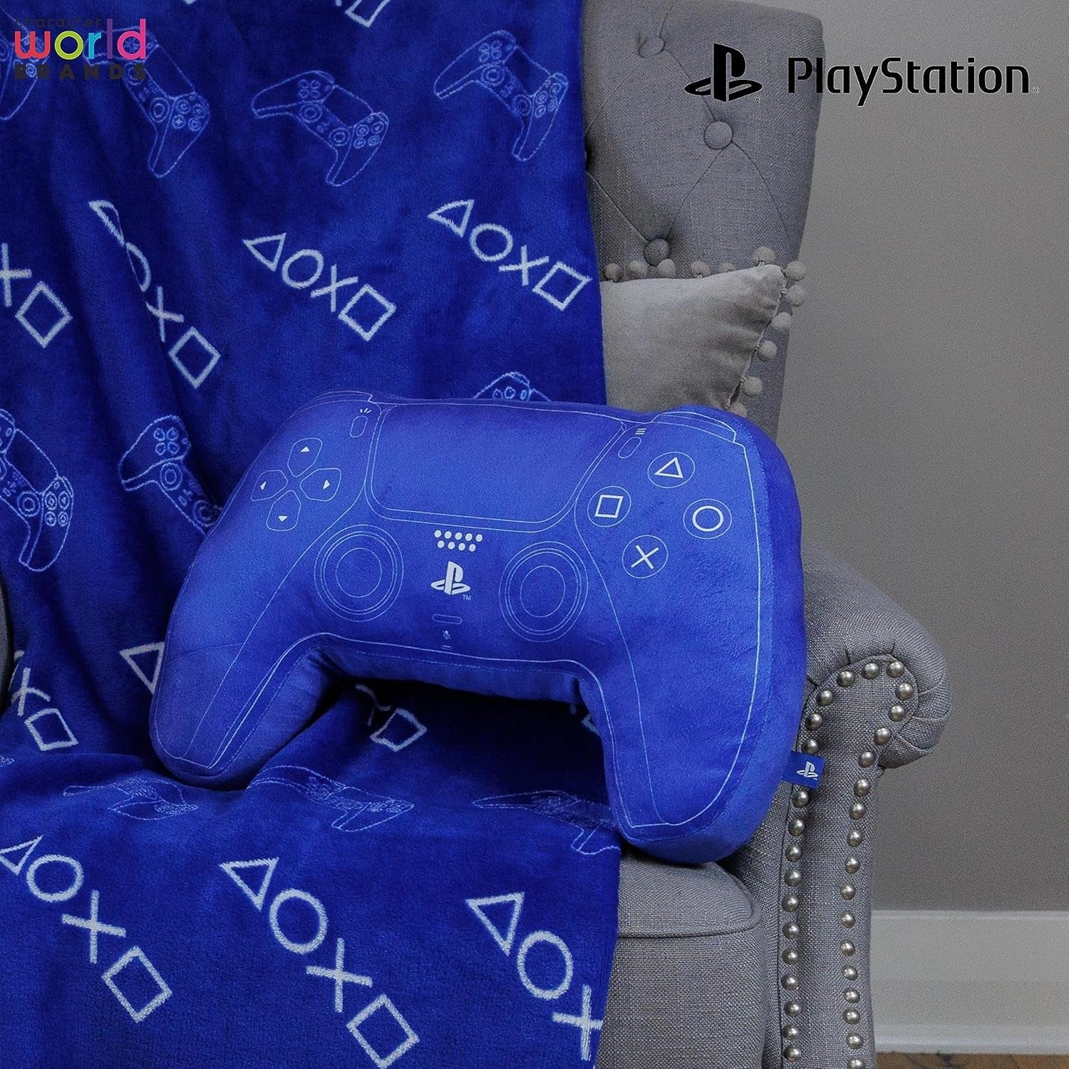 Mondo dei personaggi: cuscino a forma di controller PlayStation con licenza ufficiale, design portatile, cuscino in peluche imbottito | Perfetti per la camera da letto o l'arredamento del gioco, i cuscini standard blu Naty Shop