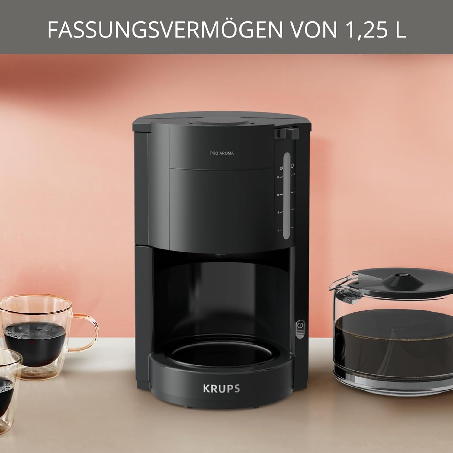 Macchina per caffè espresso Krups F30908 ProAroma con filtro e caraffa in vetro, capacità 1,25 l, 10-15 tazze, 1050 W, nera