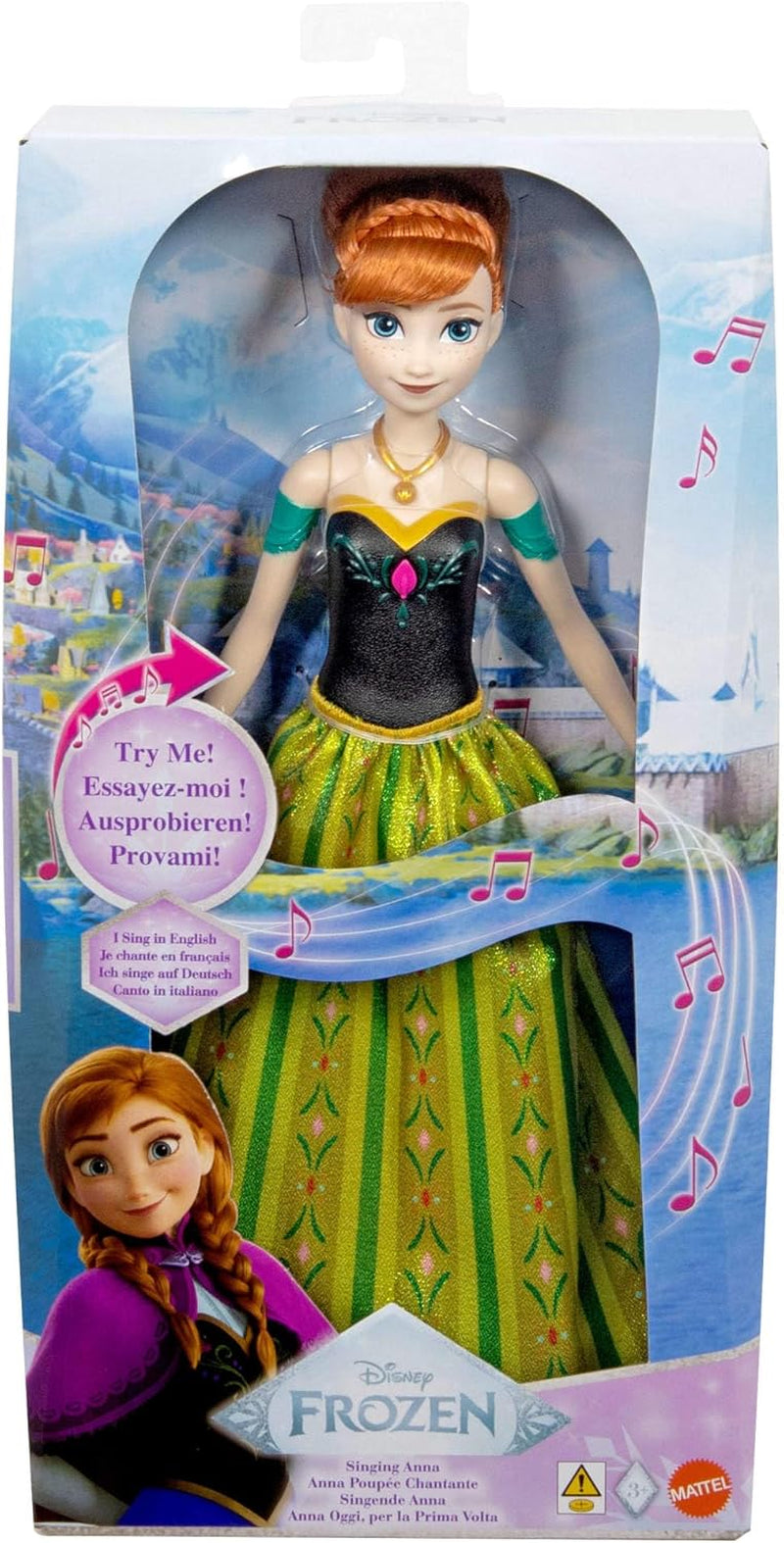 Mattel Toys Disney Frozen Anna Singing Fashion Doll in abito iconico canta "Per la prima volta" dal film Disney in inglese, francese, tedesco, italiano, JDL59