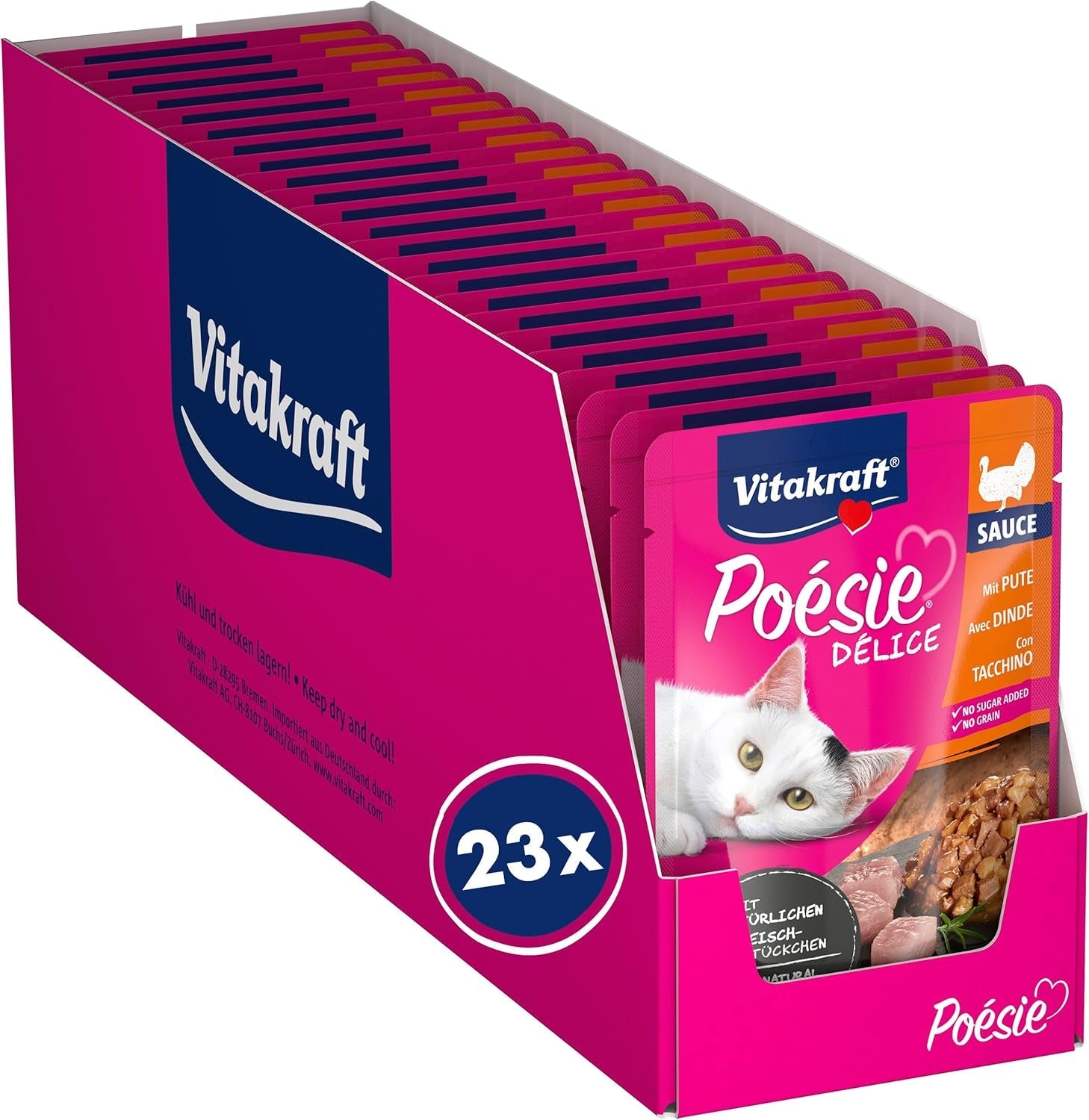 Vitakraft Poésie Délice, cibo umido per gatti, cibo per gatti in salsa, con tacchino, confezione sfusa, senza zuccheri o cereali aggiunti (23 x 85 g)