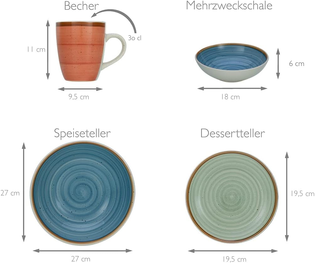 CreaTable, 22851, serie COUNTRY, set di stoviglie da 24 pezzi per 6 persone, servizio combinato in porcellana, lavabile in lavastoviglie e adatto al microonde, produzione di qualità