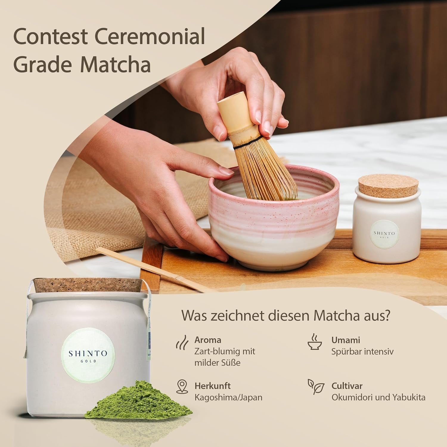 Shinto - Tè Matcha biologico "Oro" - Polvere di tè verde di grado cerimoniale - Certificato JAS e EU BIO - Ombreggiato e raccolto a mano - Importazione diretta da Uji, Giappone - 30g