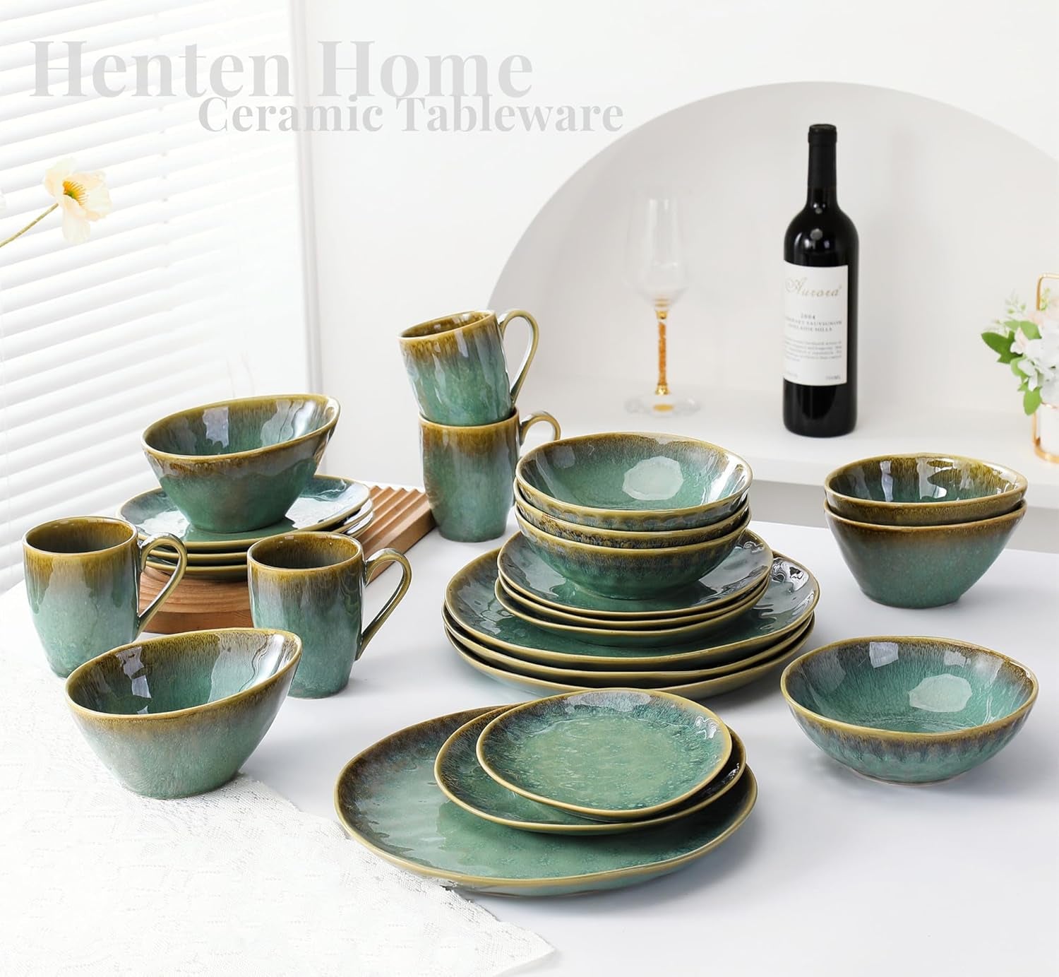 Henten Home Piatti speciali in gres, ciotole per snack e salse - 20x17 cm per 4 persone, piatti da colazione in porcellana - design moderno verde