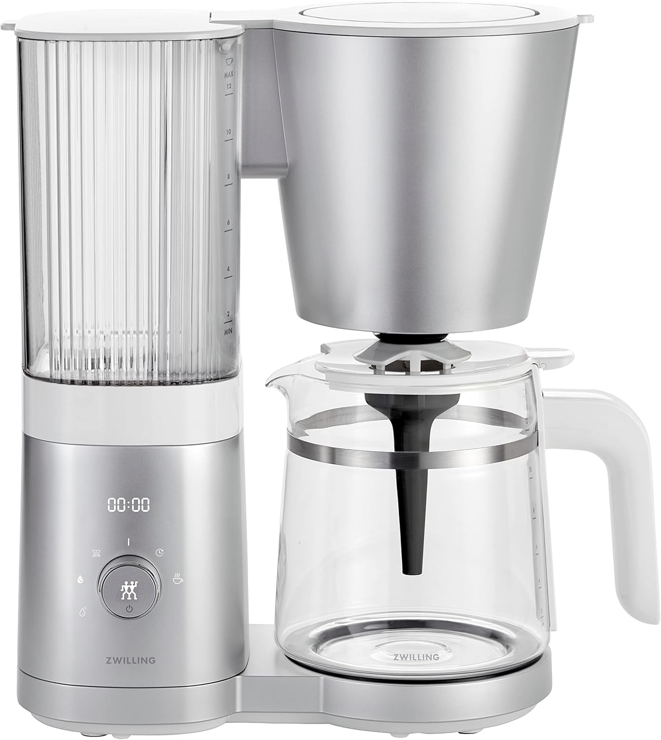 ZWILLING ENFINIGY Macchina per caffè espresso con filtro con caraffa in vetro da 1,5 litri, Macchina per caffè espresso con caldaia in acciaio inossidabile, Funzione fioritura e decalcificazione intelligente, Plastica, Argento