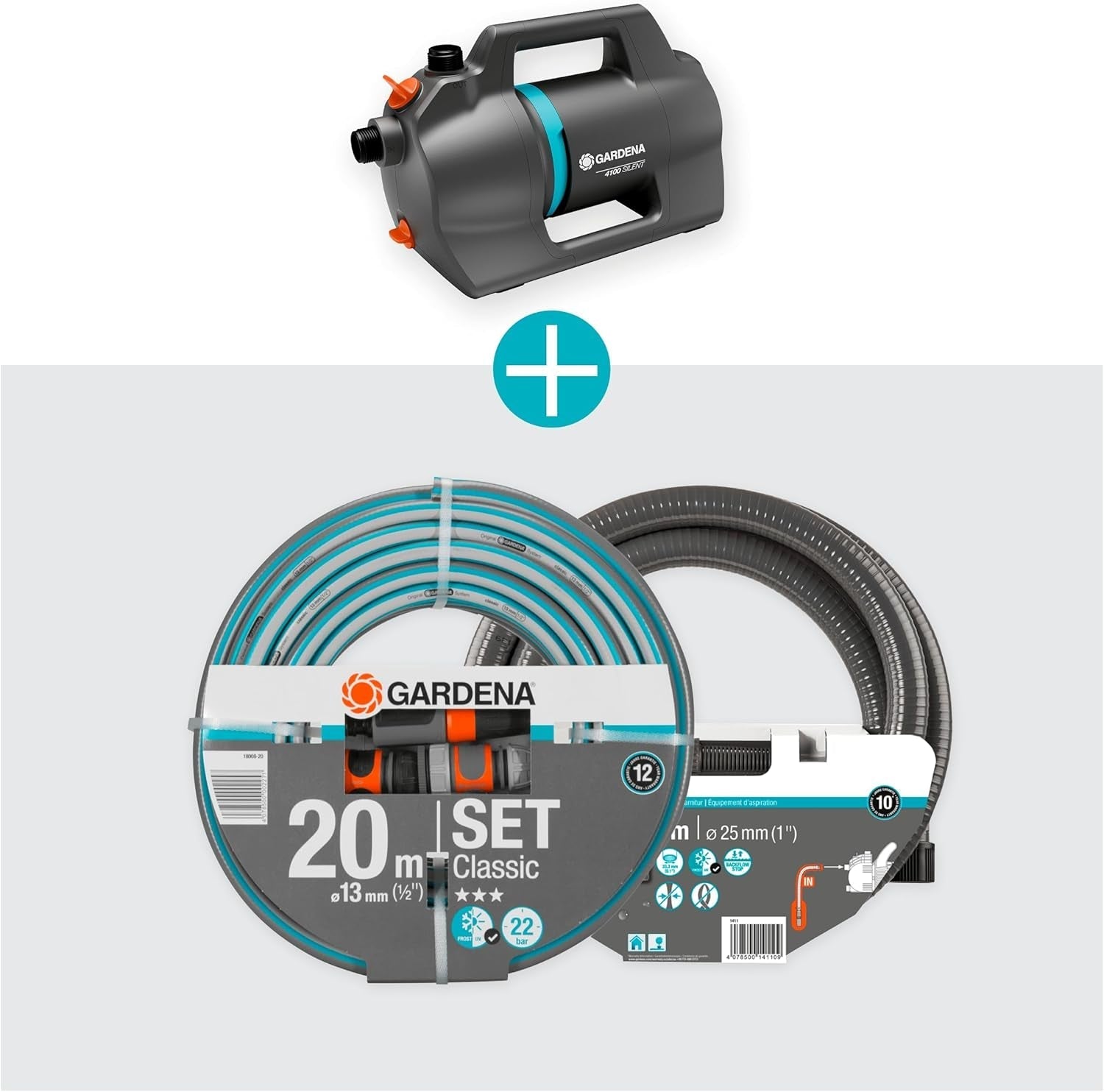 Set Pompa da Giardino Gardena 4100 Silent: Pompa per irrigazione Molto Silenziosa e Innovativa con Attacco di Aspirazione da 3,5 m e Tubo Classico da 20 m, Portata 4100 L/h, Motore da 550 W, Impermeabile, Economica (9051-20)