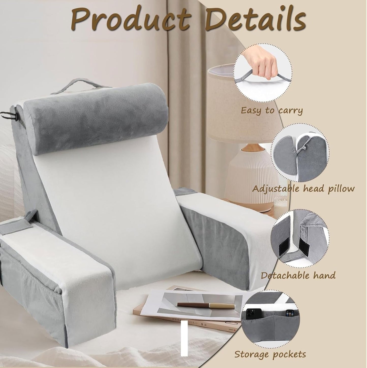 Cuscino da lettura grande per letto e divano, cuscino per la schiena per adulti con supporto per il collo e braccioli, cuscino per schienale ergonomico con tasca e fodera lavabile per riposare, leggere, guardare la TV (WH)