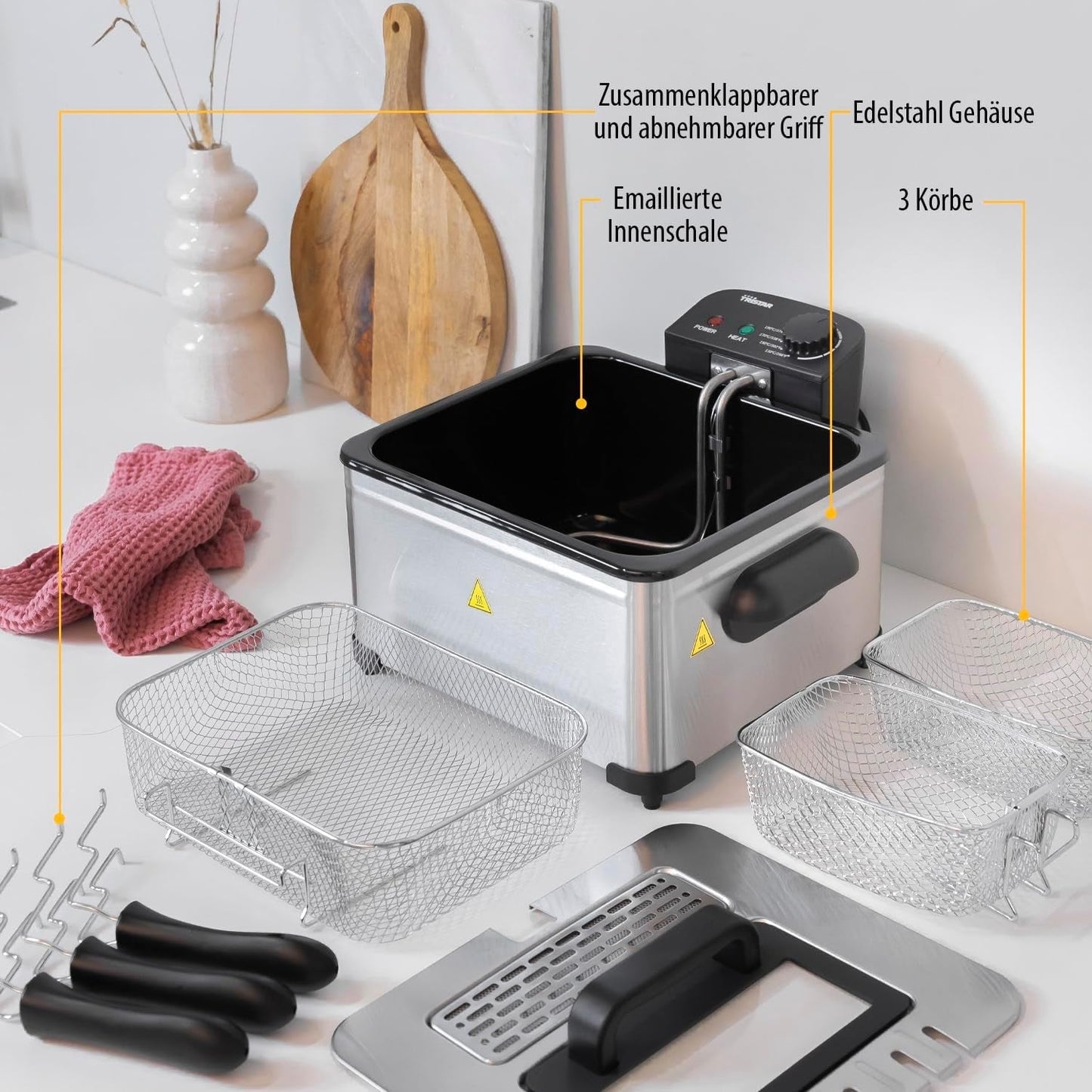 Friggitrice Tristar, 1 cestello grande e 2 cestelli piccoli, termostato regolabile, zona di raffreddamento, 5 litri, 2000 W, FR-6949 Elettrodomestici Naty Shop