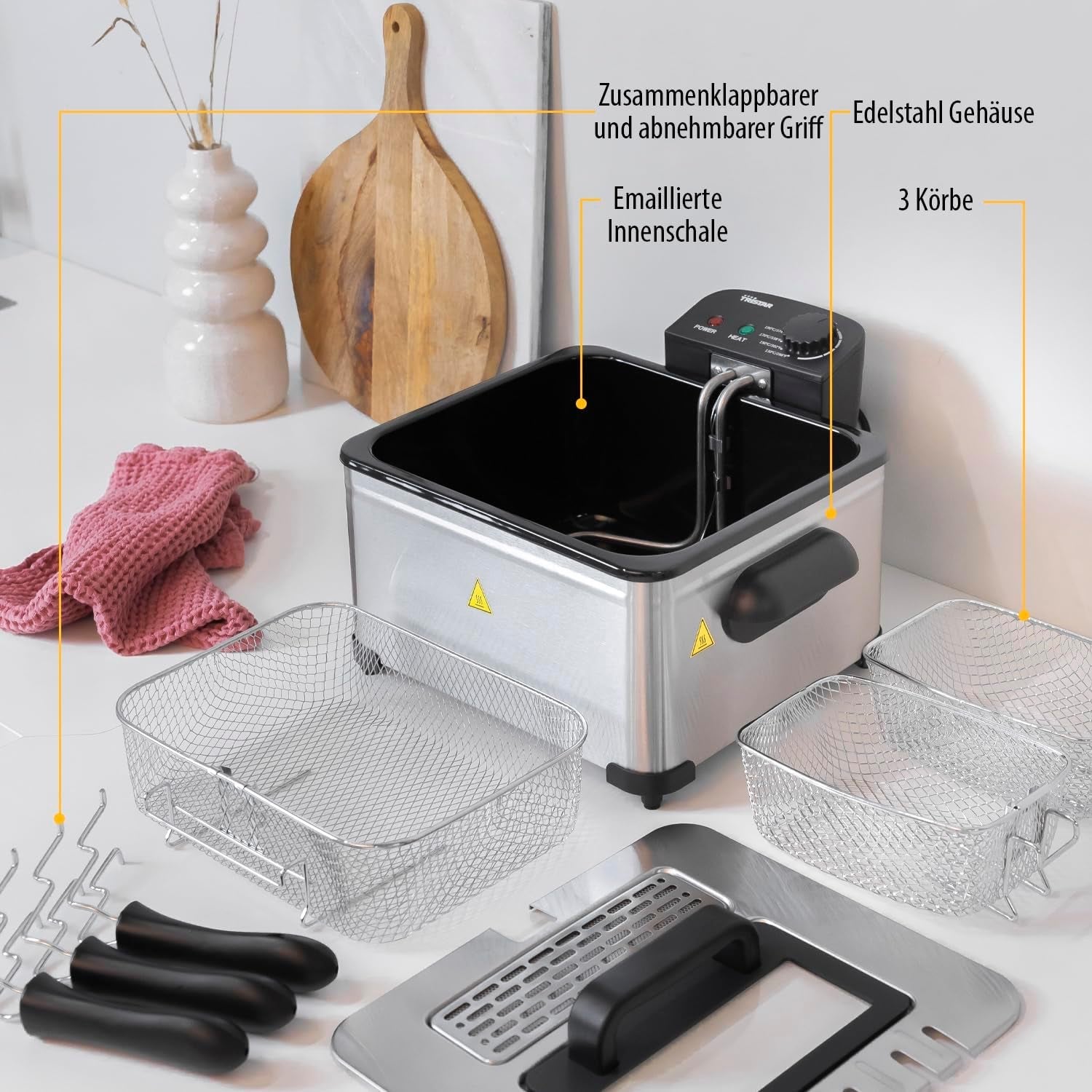 Friggitrice Tristar, 1 cestello grande e 2 cestelli piccoli, termostato regolabile, zona di raffreddamento, 5 litri, 2000 W, FR-6949 Elettrodomestici Naty Shop