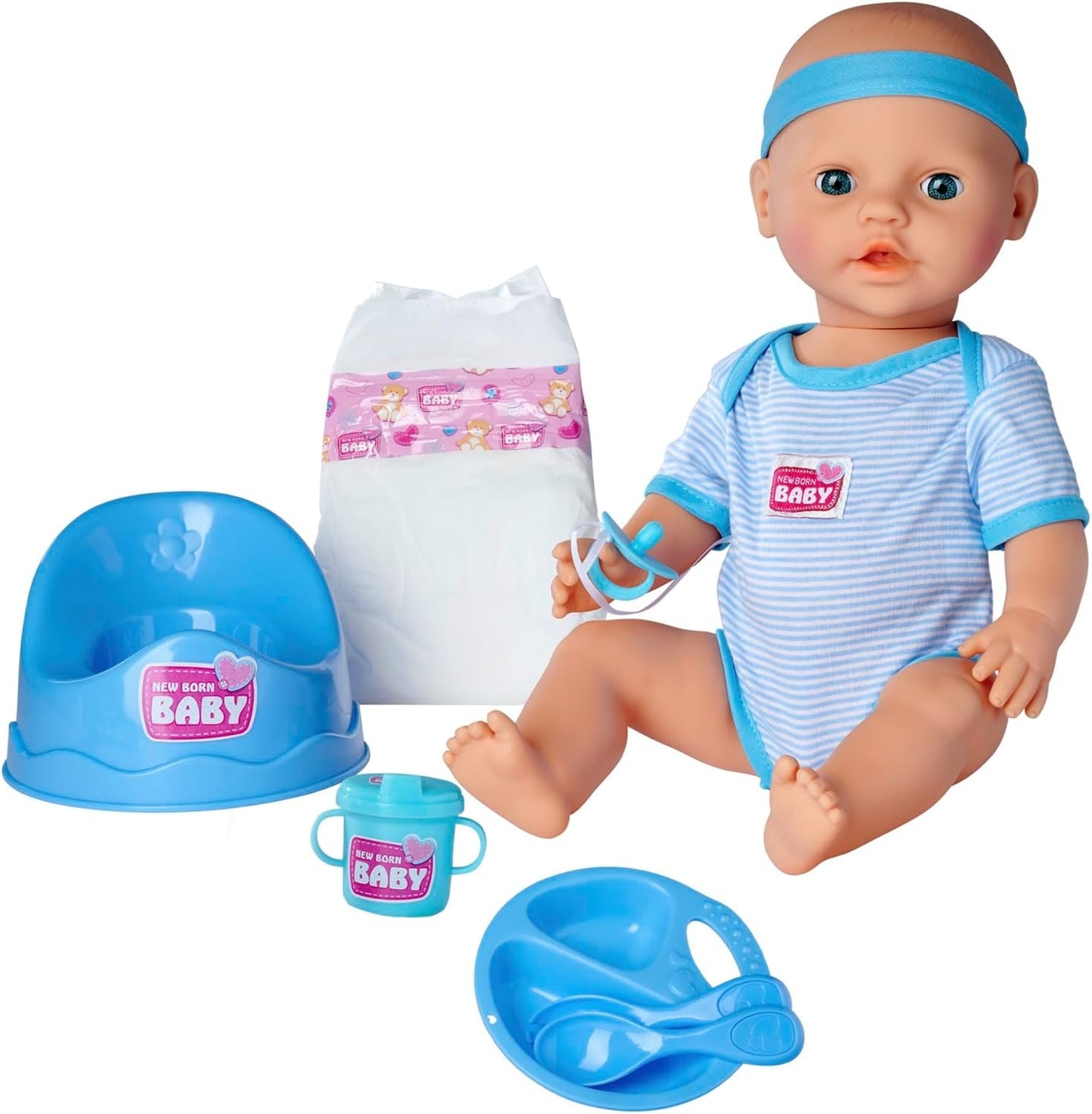 Simba 105030044 - Bambola neonato - Ragazzo, bambola interamente in vinile con occhi per dormire, funzione per bere e bagnare e accessori, 8 pezzi, 43 cm, bambola, dai 3 anni in su