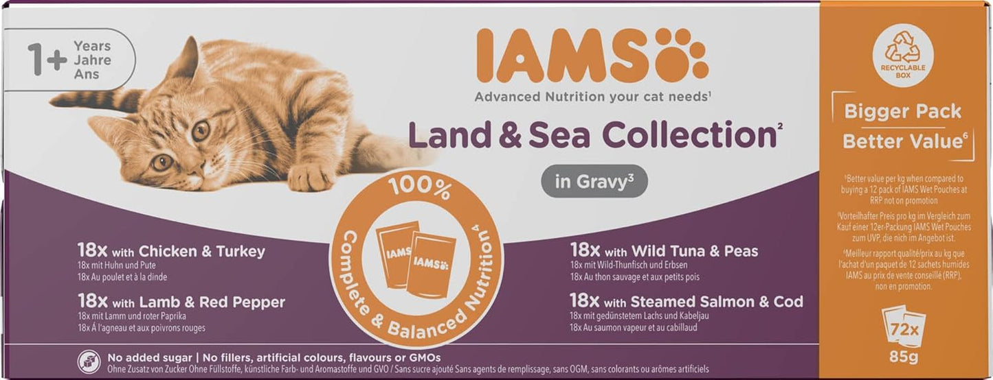 IAMS Delights Collezione Land & Sea Cibo umido per gatti - Assortimento di carne e pesce Multipack in salsa, Cibo umido per gatti da 1 anno, 72 x 85 g