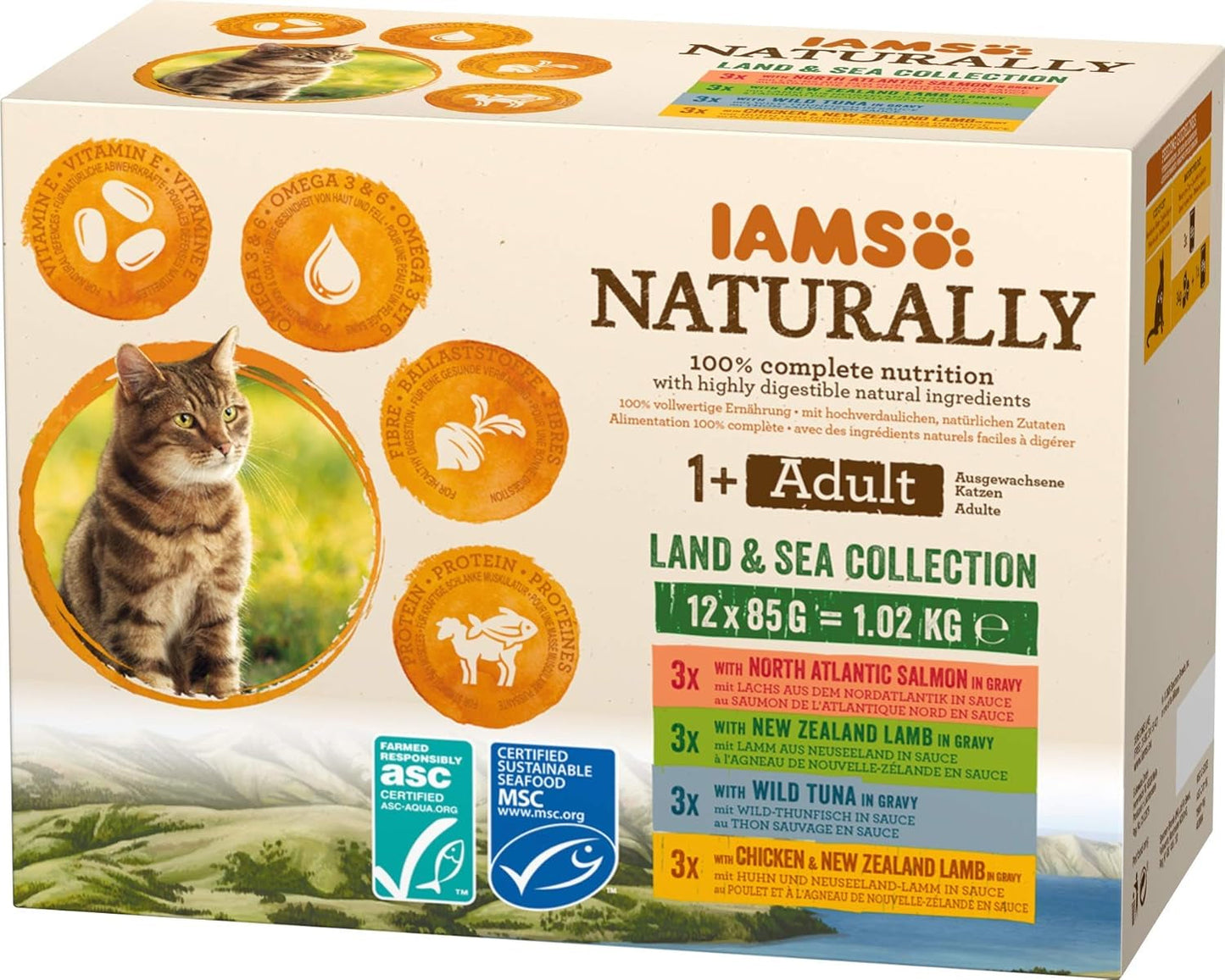 IAMS Alimento Umido Naturale per Gatti in Salsa - Alimento umido di carne e pesce di alta qualità per gatti adulti, Collezione Land & Sea, 12 x 85g