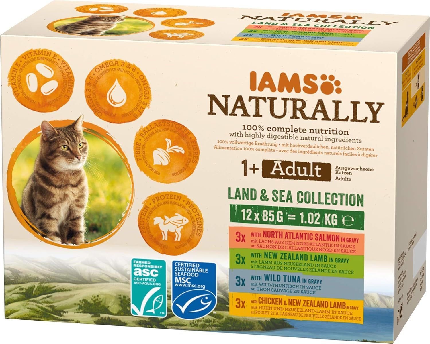 IAMS Alimento Umido Naturale per Gatti in Salsa - Alimento umido di carne e pesce di alta qualità per gatti adulti, Collezione Land & Sea, 12 x 85g