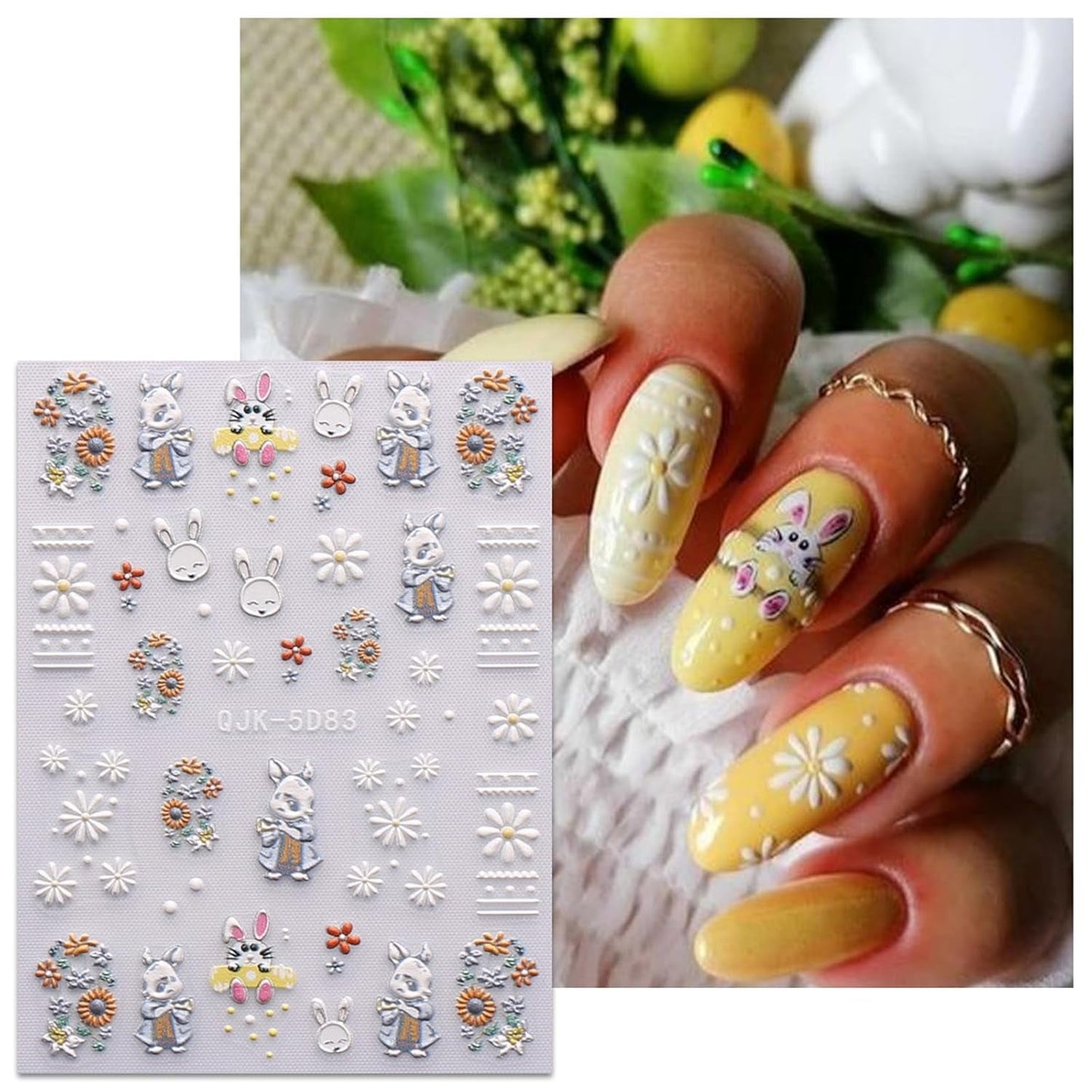 JMEOWIO 6 Blatt 3D Nagelsticker Ostern Nail Art Sticker Selbstklebend Nagelaufkleber 5D Stereoscopico Süßer Hase Ei Dekoration Nageldesign Zubehör