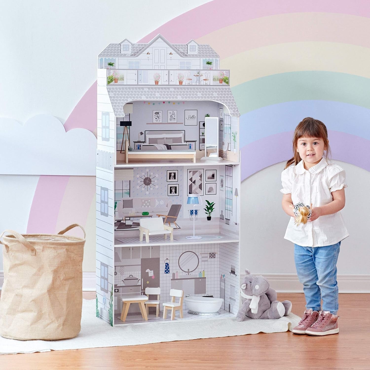 Teamson Kids Casa delle bambole gigante Olivia's Little World con mobili e accessori, casa delle bambole in legno, set da gioco a 3 livelli per bambole da 30 cm, dai 3 anni in su
