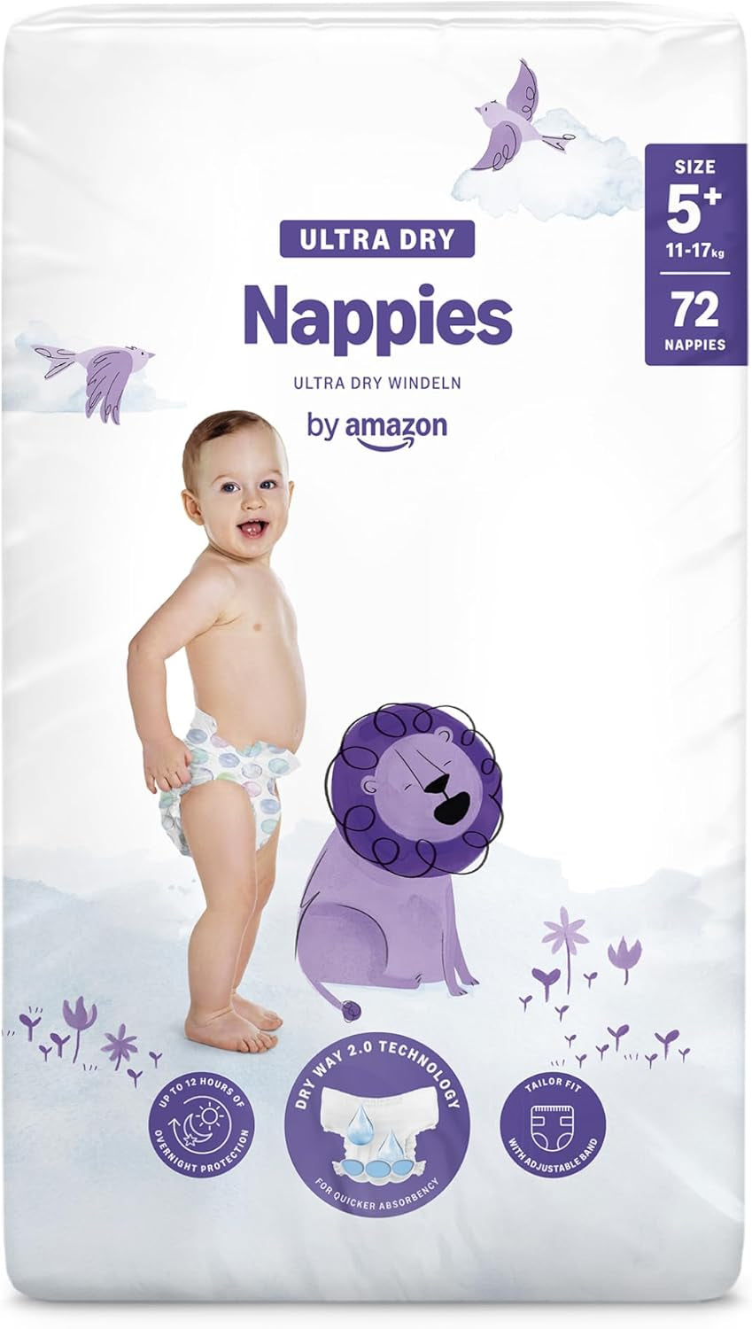 Pannolini Amazon Ultra Dry, taglia 1 (2-5 kg) - Scatola mensile, bianco, 96 pezzi (2 confezioni da 48) (ex marchio Mama Bear, prodotto identico)