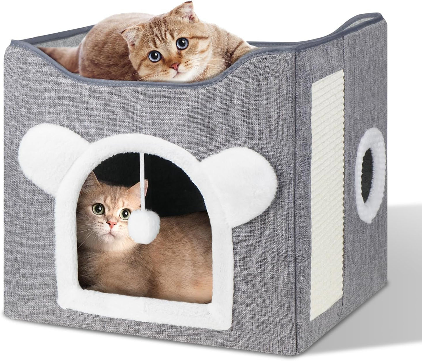 Katzenbetten für Indoor Katzen, Faltbares Katzenhaus, Katzenhöhle 2 Schicht Würfel Großer Raum Katzenbett mit Kratzbrett und Spielball, 15.8 x 15.8 x 15 pollici