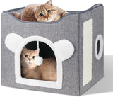 Katzenbetten für Indoor Katzen, Faltbares Katzenhaus, Katzenhöhle 2 Schicht Würfel Großer Raum Katzenbett mit Kratzbrett und Spielball, 15.8 x 15.8 x 15 pollici