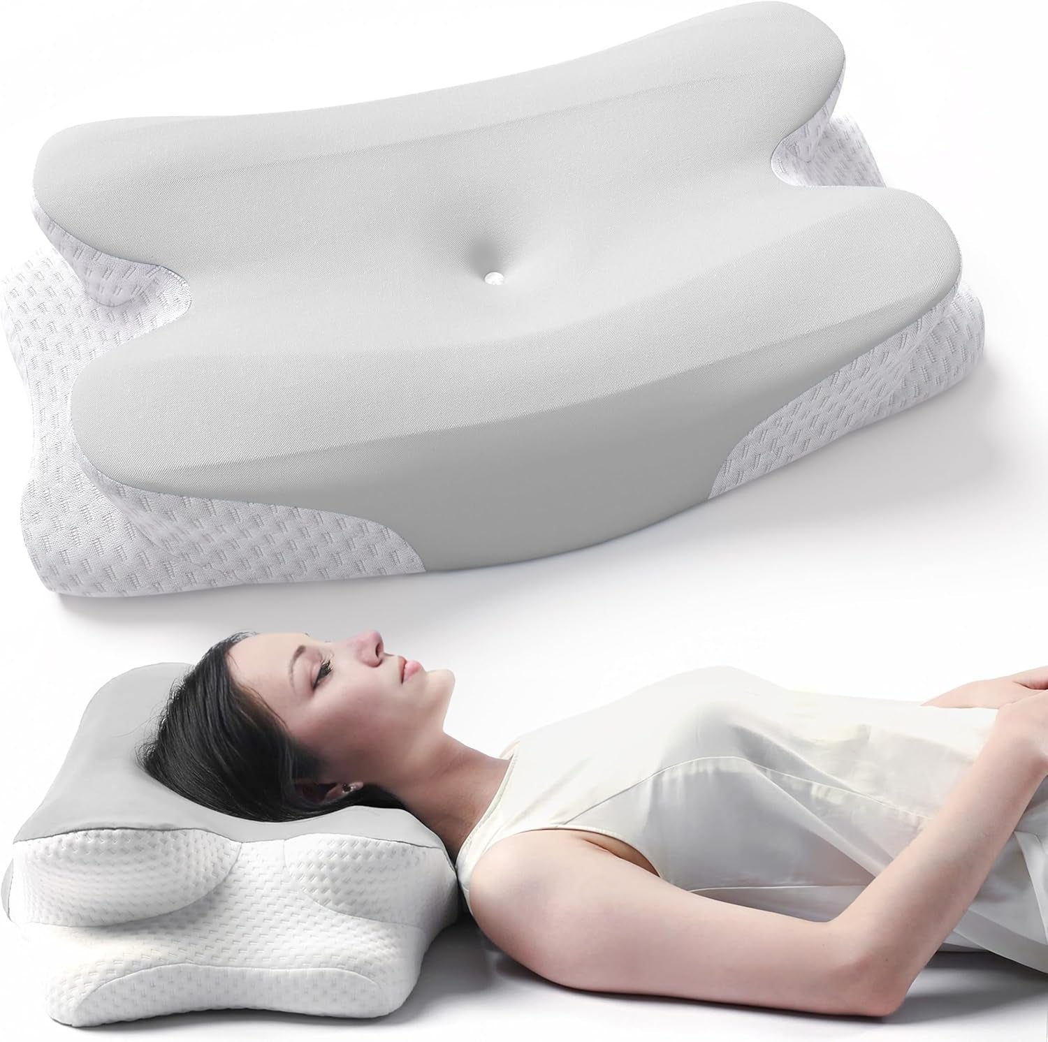 RUMMY Cuscino ergonomico per supporto collo in memory foam con fodera lavabile rimovibile per chi dorme sul fianco e sulla pancia (Grigio) Cuscini ortopedici cervicali Naty Shop Grigio