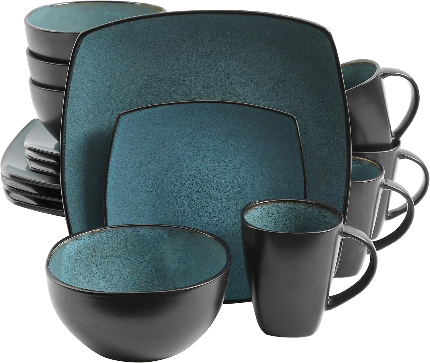 Gibson 99813.16R Elite Soho Lounge Reactive Glaze Set di stoviglie per 4 persone, 16 pezzi, effetto bicolore blu-verde/nero