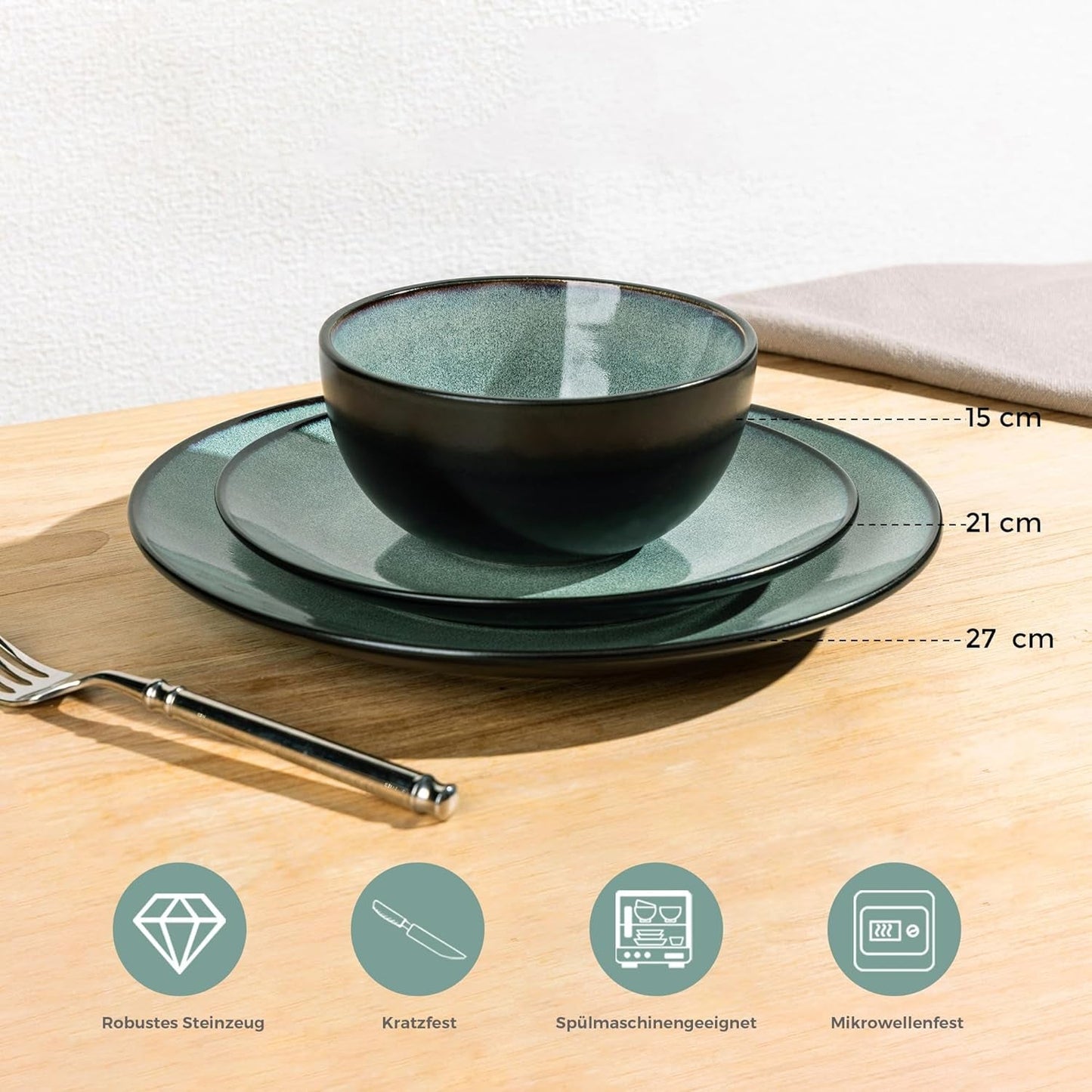 GBhome Set di stoviglie in porcellana per 4 persone, 12 pezzi, smalto reattivo, fatto a mano, adatto per microonde e lavastoviglie, set di ciotole e piatti, colore petrolio GDW025WB-EU