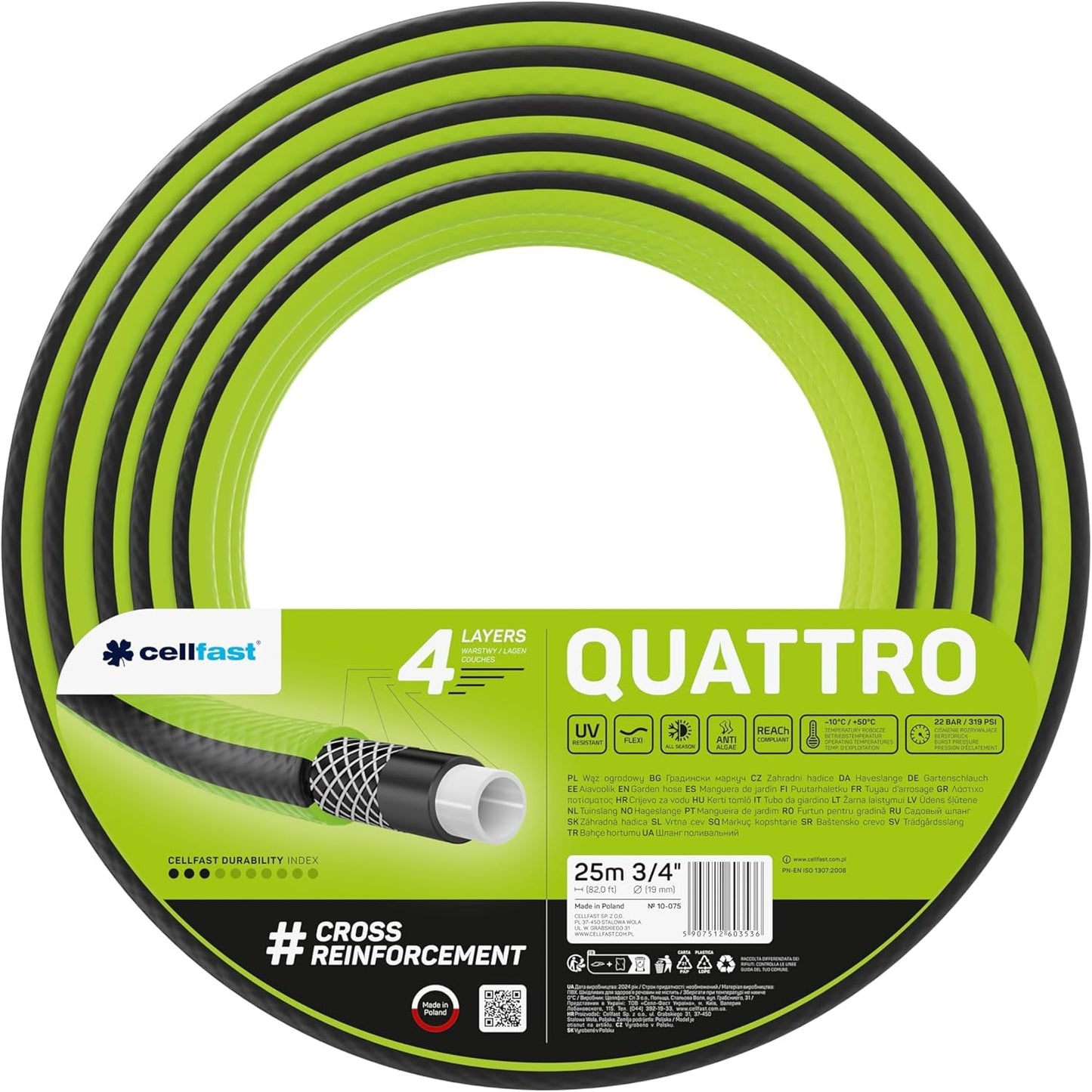 Tubo da giardino Cellfast QUATTRO Tubo flessibile da giardino durevole e leggero a 4 strati resistente ai raggi UV con treccia incrociata 20 Bar 3/4" 15 m 10-074