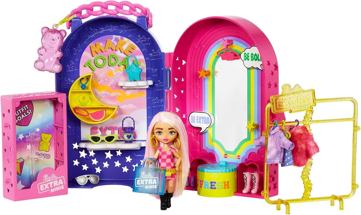 Barbie Extra Minis, bambola Extra Mini e set da gioco boutique, armadio con armadietti, mensole, specchi, piattaforma a 360°, bambola Extra Mini con accessori per capelli rosa, HHN15