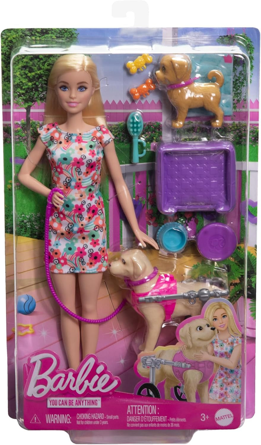 Barbie Dog Duo Doll e accessori, inclusi cane piccolo e cane grande con sedia a rotelle, guinzaglio, ciotola per cibo, cuccia e ossi per dolcetti, dai 3 anni in su, HTK37 Bambole Naty Shop