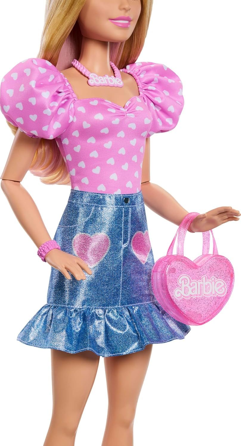 Bambola Barbie alla moda da 71 cm bionda con vestiti staccabili top rosa gonna di jeans stivali da cowboy collana e borsa HYT84