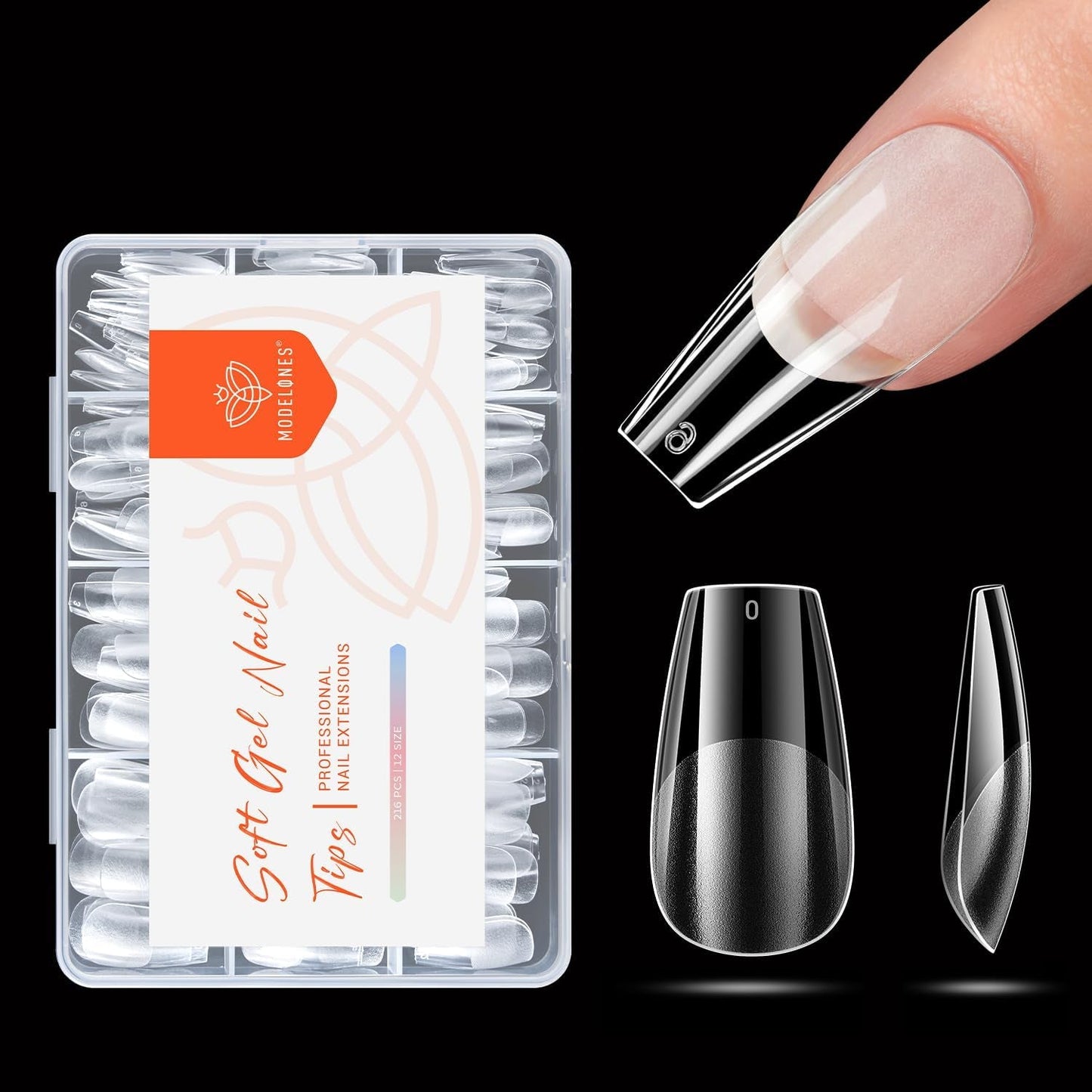 Modelones Nail Tips 216 pezzi - Set di punte per unghie a copertura totale, Set di punte in gel morbido, Punte per unghie in resina PMMA pre-lucidatura, Colla fai-da-te su unghie artificiali, Mandorle corte XS