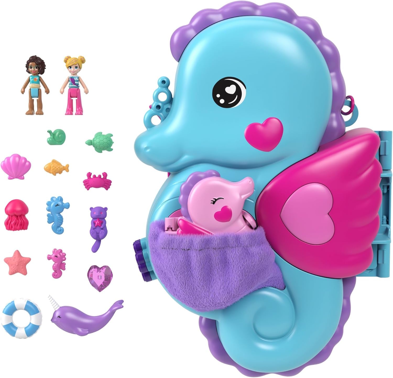 Polly Pocket Coffin Borsa a conchiglia a tema subacqueo con 2 bambole e 1 sottomarino Polly Pocket Sirena giocattolo età 4 anni GNH11 Naty Shop Borsa per bambole cavalluccio marino