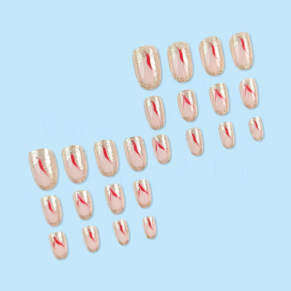 24 pezzi breve stampa sulle unghie glitter dorati unghie finte colla su unghie adesive turbinio rosso set unghie acriliche accessori donna