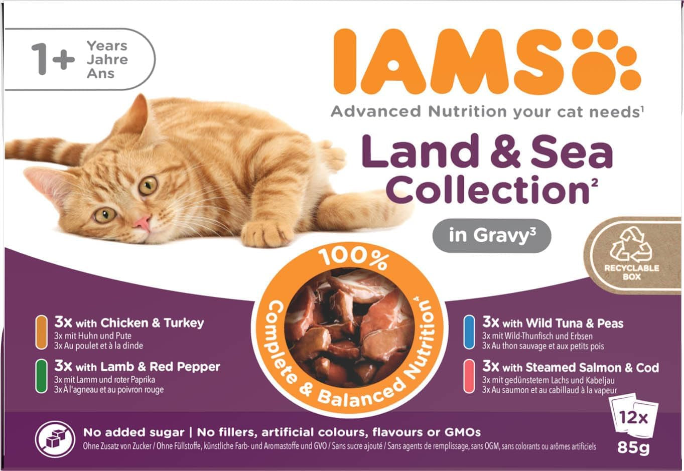 IAMS Delights Collezione Land & Sea Cibo umido per gatti - Assortimento di carne e pesce Multipack in salsa, Cibo umido per gatti da 1 anno in su, 12 x 85 g