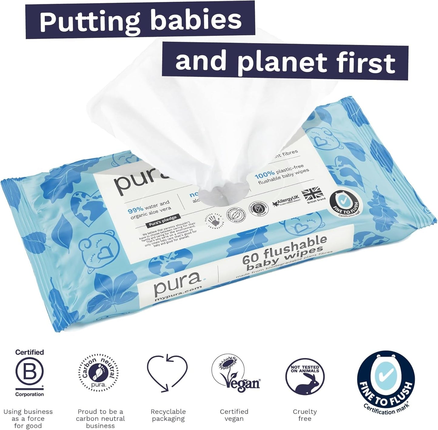 Salviette usa e getta ecologiche per la pelle sensibile del bambino 70 salviette (1 confezione) 99% acqua 100% senza plastica per pelle sensibile incline all'eczema Neonato biodegradabile Vegan