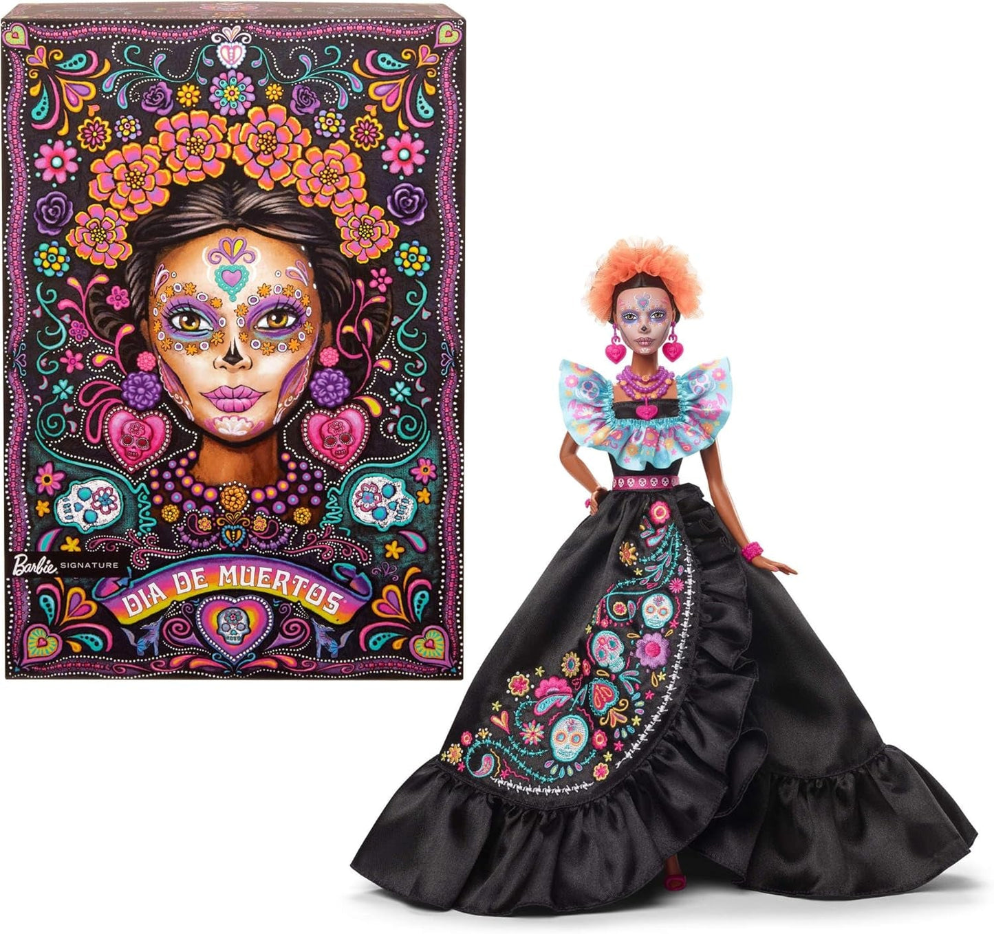 Barbie Signature Doll, Día De Muertos 2024 Figura da collezione in abito nero e top blu con volant, stampa ricamata e accessori colorati, HRM72