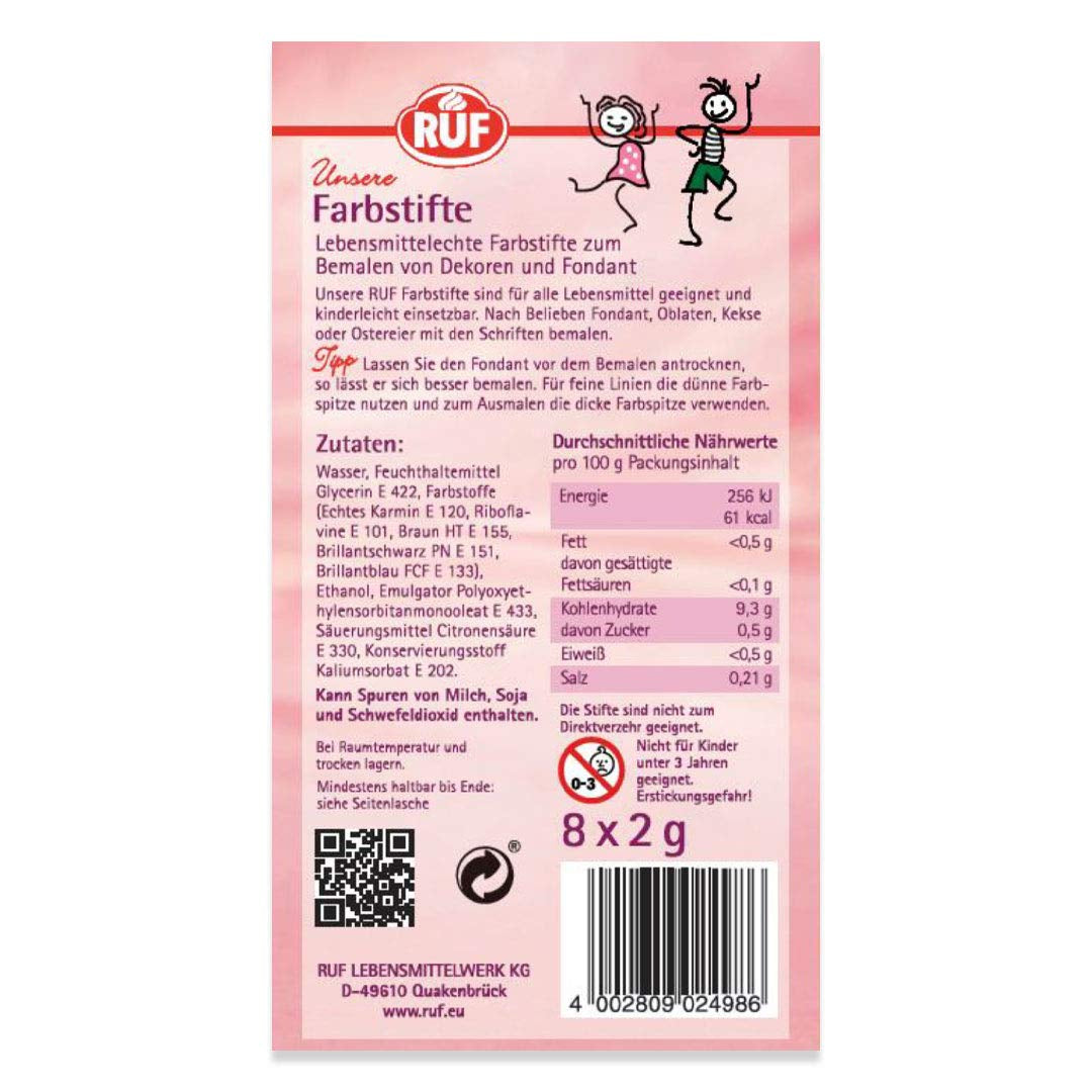 Penne coloranti alimentari RUF Set di 8 penne coloranti alimentari sicure per dipingere e scrivere su fondente e simili Penne per zucchero con 2 punte ciascuna