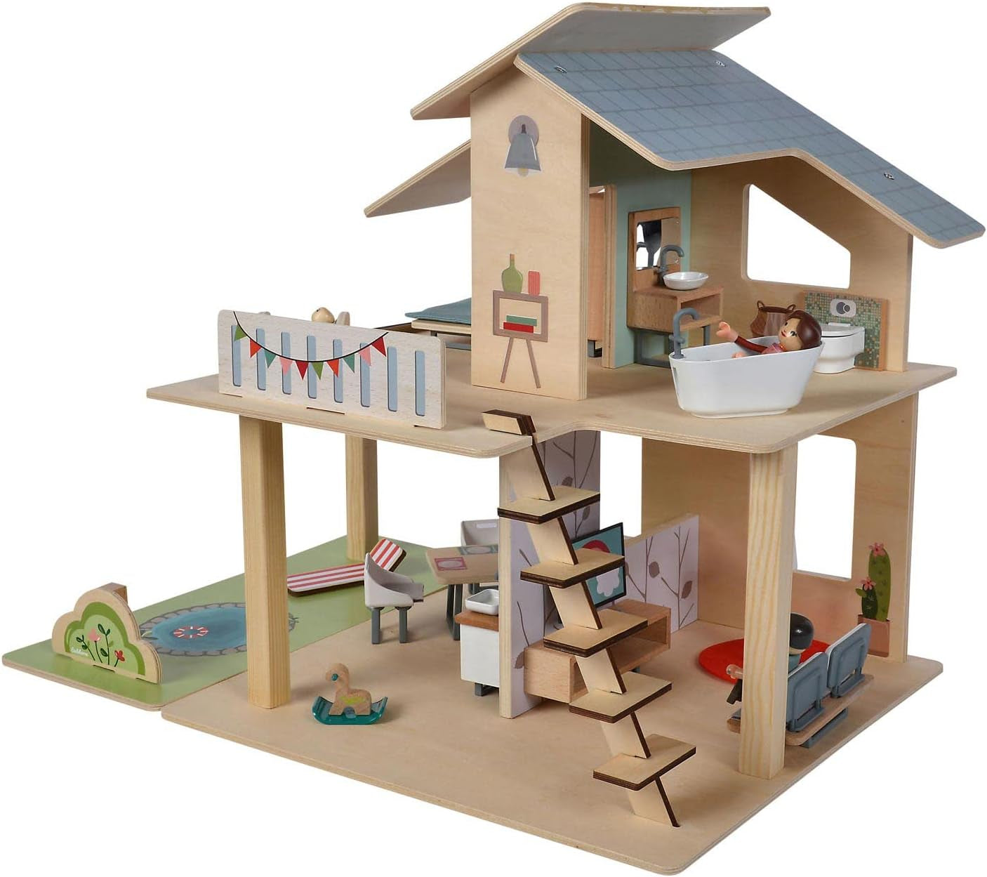 Eichhorn - Casa delle bambole con accessori - incl. mobili e 3 personaggi, non assemblati, in legno, 25 pezzi, 53x36x44 cm, da tre anni