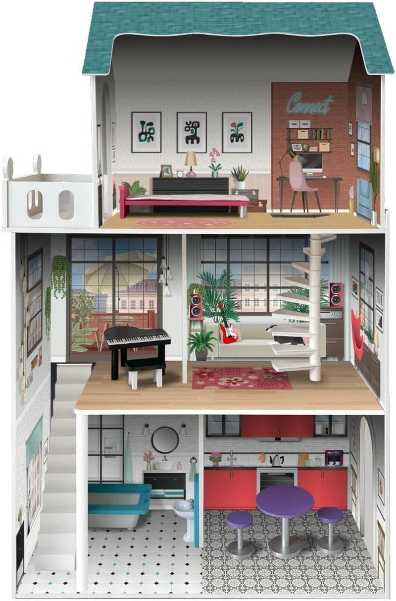 Casa delle bambole design Soho-Madera a 3 piani con 8 mobili, dimensioni 120 X 33 X 75 cm (913D00181) Naty Shop Dollhouses