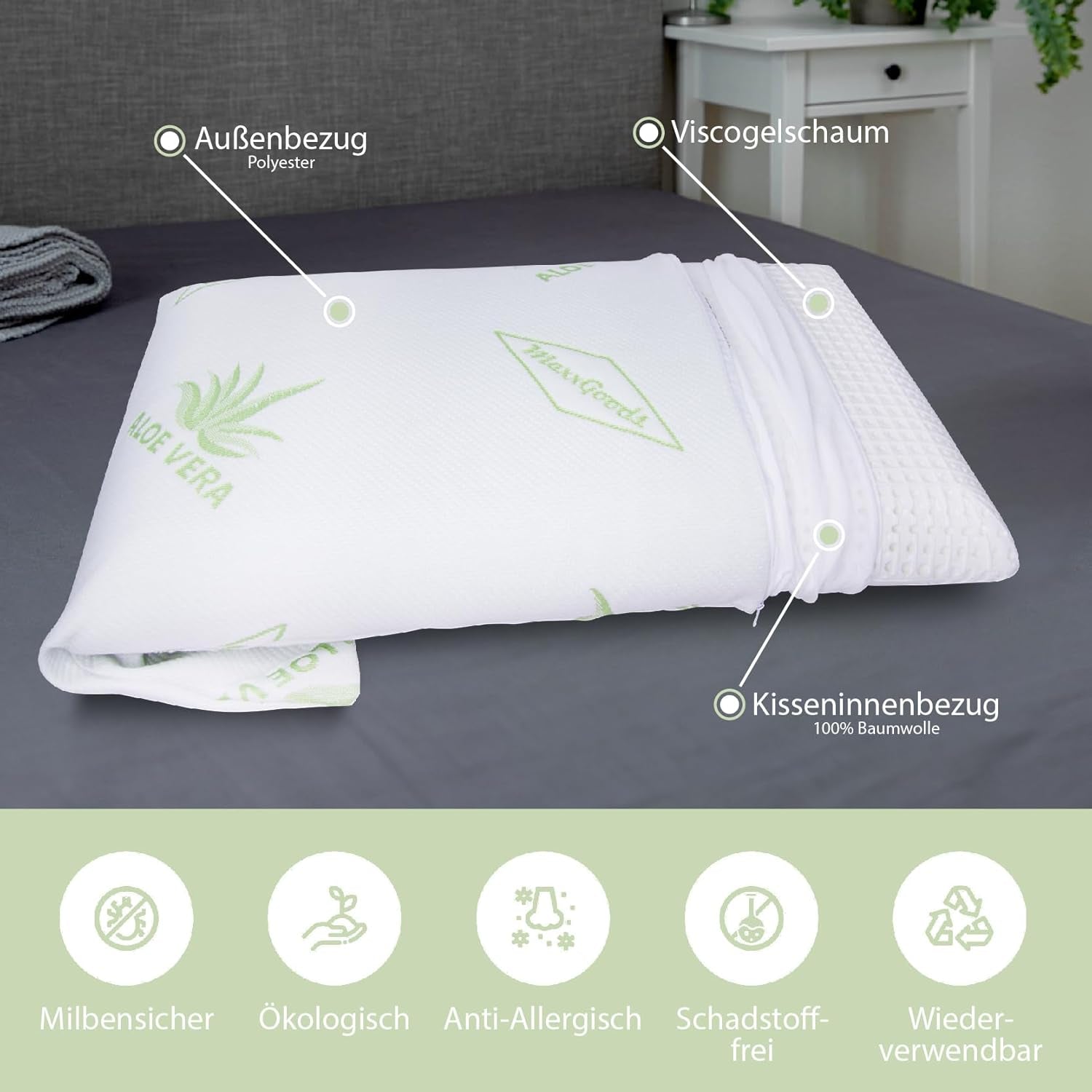Maxxgoods Cuscino Ortopedico Cuscino di Supporto per Collo in Schiuma di Gel Visco con Fodera Protettiva in Aloe Vera e Fodera Interna in Cotone 100% - Cuscino per Pancia, Schiena e Chi Dorme sul fianco (42 Cm X 70 Cm X 12 Cm) Cuscini Ortopedici Cervicali Naty Shop