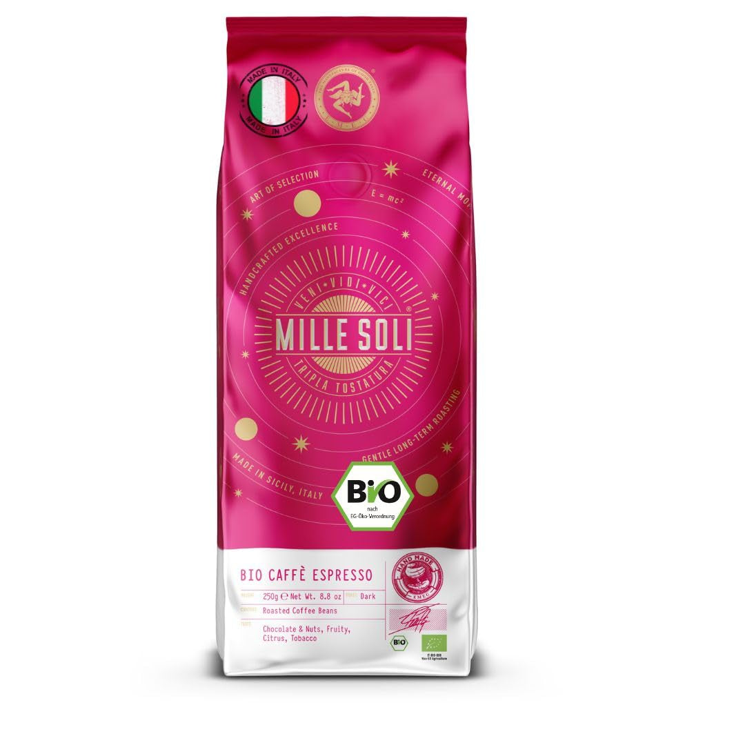 Caffè Organic Espresso in Grani 250g - 100% Biologico - Tostato in Sicilia - Metodo di tostatura artigianale secolare - Grani di Espresso Premium per macchine completamente automatiche e portafiltro