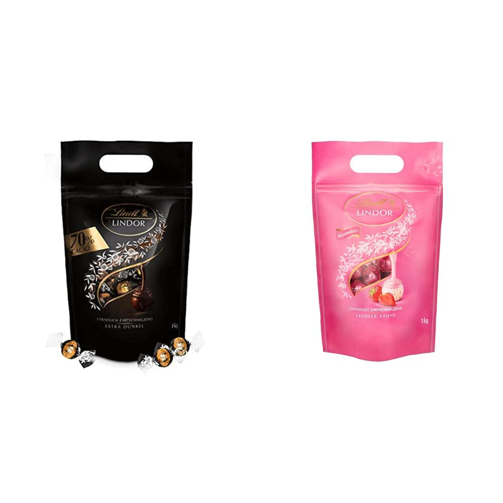 Palline di cioccolato extra fondente Lindt LINDOR e palline di cioccolato con crema alla fragola LINDOR | Busta richiudibile da 1 kg | ca. 80 palline di cioccolato bianco con crema alla fragola