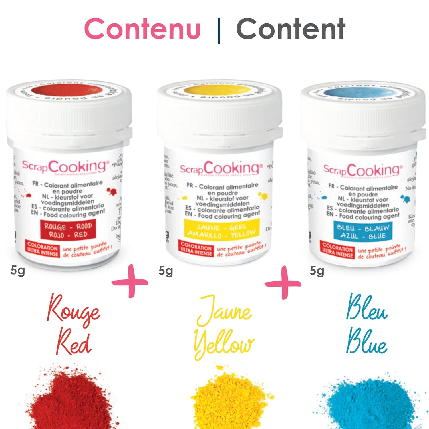 Scrapcooking - Set di 3 coloranti alimentari in polvere - Rosso Giallo Blu - Colorante alimentare per dolci, torte, biscotti, pasta, fondente, torta arcobaleno - 4011