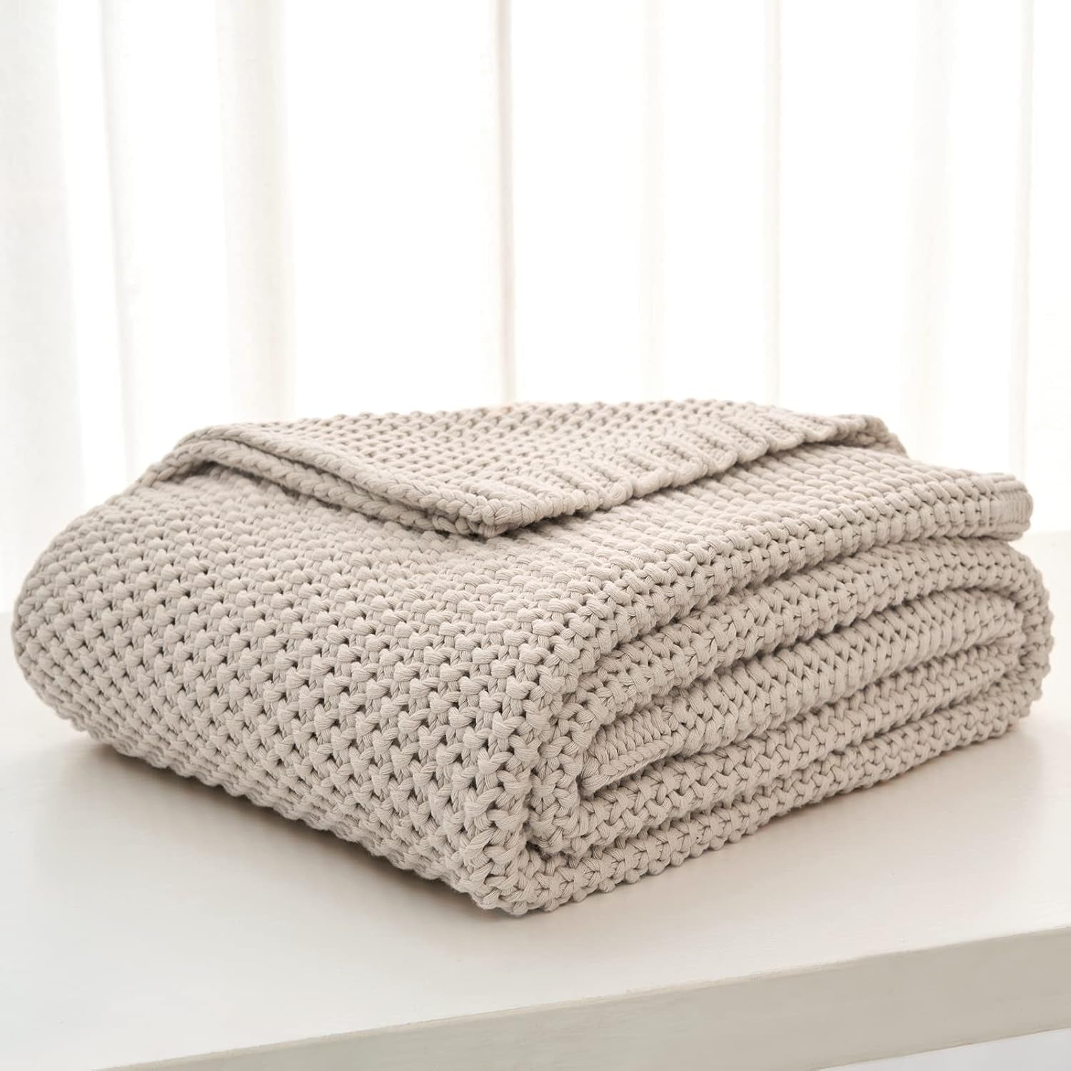 Coperta in maglia grossa, Leggera, Beige, 100% cotone biologico, Coperta per divano, divano, letto, bambino, cameretta dei bambini, Rustico, Shabby chic, Fattoria moderna, 152,4 X 203,2 cm, Incluso sacco per la biancheria Letti e coperte Biancheria da letto Longhui
